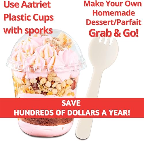 Miniatura 4 de Vasos de plástico transparente de 10 onzas con tapas y tenedores, 50 juegos de tazas de postre con tapas de cúpula (sin agujero), tazas de cristal