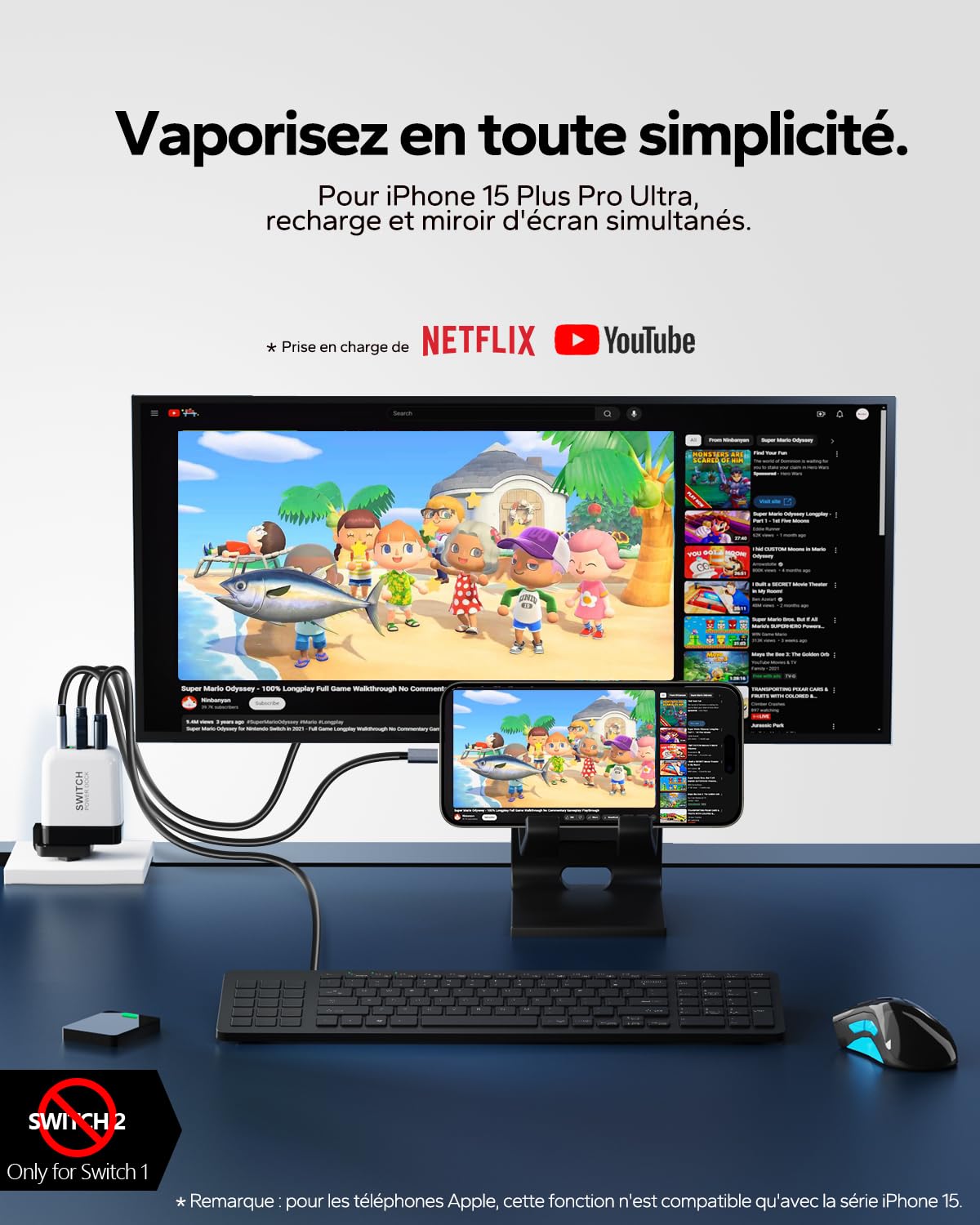 Station d'accueil 65W pour Nintendo Switch OLED/Steam Deck, mini bloc GaN 3 ports (USB-C+USB-A+4K/HD), portable compatible Switch/Steam Deck/Rog