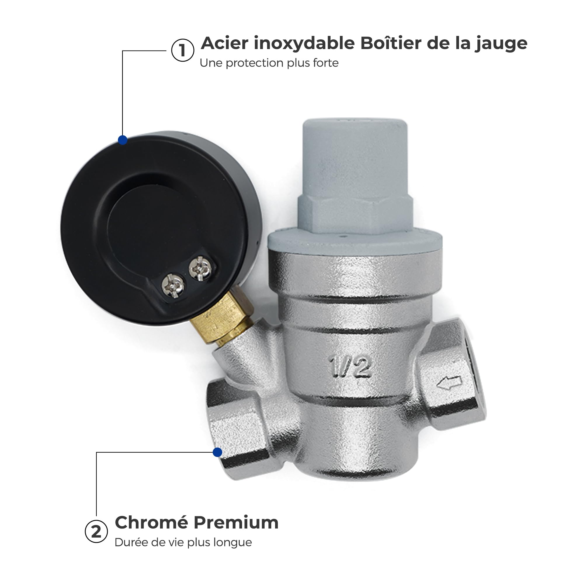 VANCOCO DN15 Réducteur de Pression d'eau 1/2 15/21 pouce, Chauffe-eau Réglable en Laiton, avec Manomètre et filtre