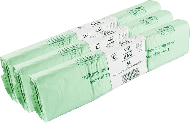 5L x 150 bags Compost Bag Compostable Kitchen Caddy Liner - 5 Litre Food Waste Bin Liners - EN 13432 - with Composting Guide