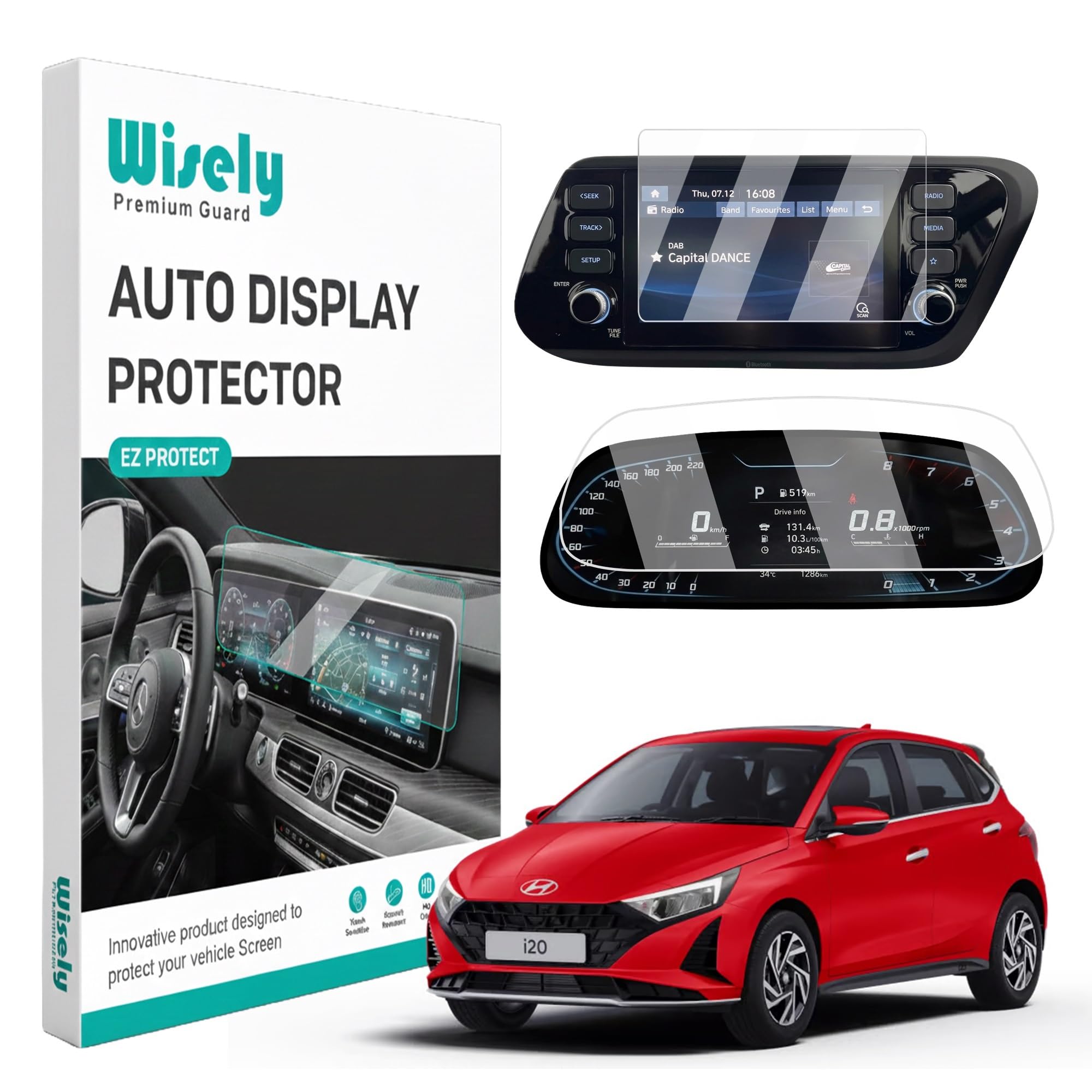 wisely 2pcs - screen guard for hyundai i20 (2024-2026+) car 8-inch display infotainment system + instrument cluster meter protector - stereo accessories - touch responsive - hd clear