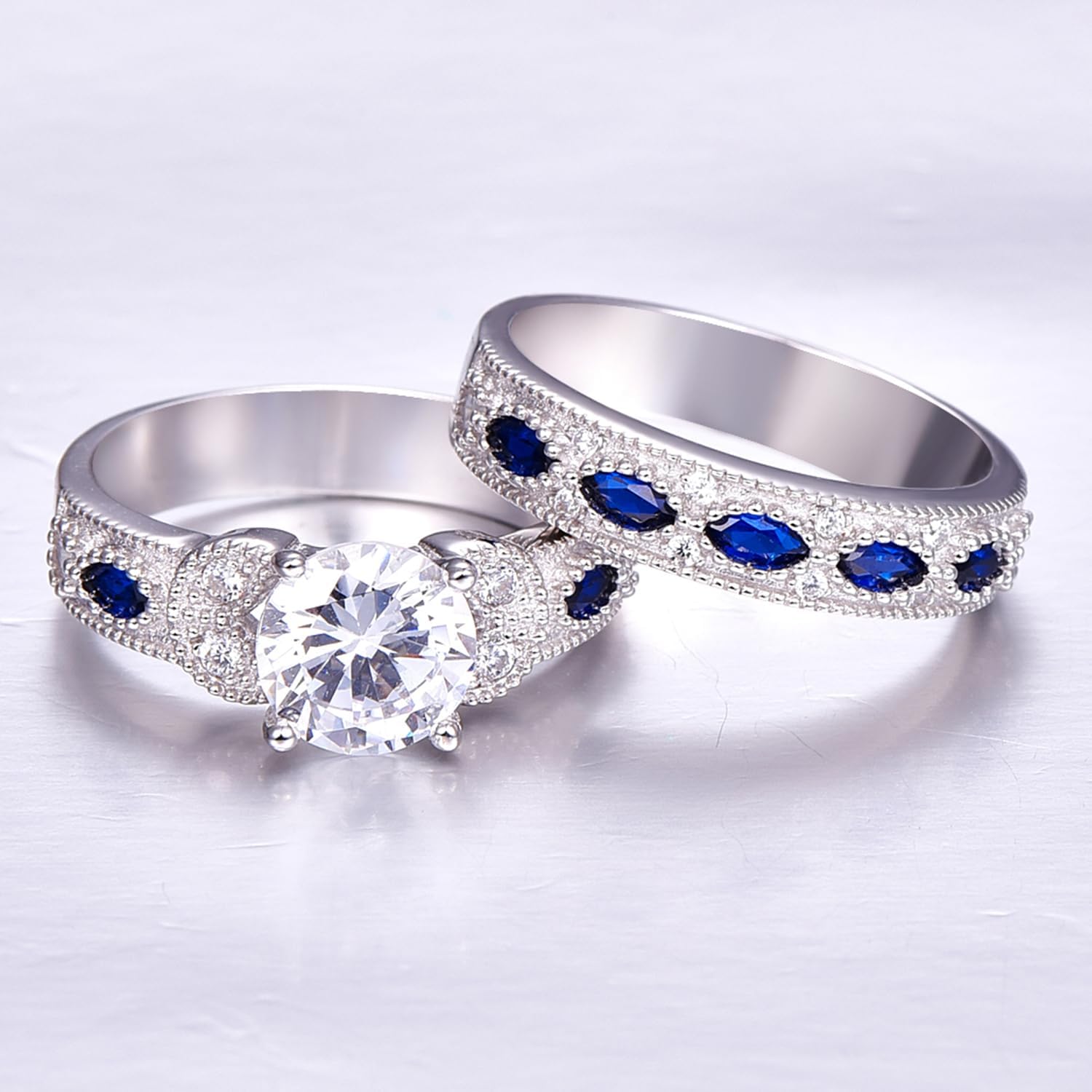 Yaresul 3.5ct Round Cut Cubic Zirconia Wedding Sets for Women with Created Blue Sapphire Women's Bridal Rings Sets White Gold Plated Blue Engagement Ring for Grandma, Mother, Gift for Her Size 5-10