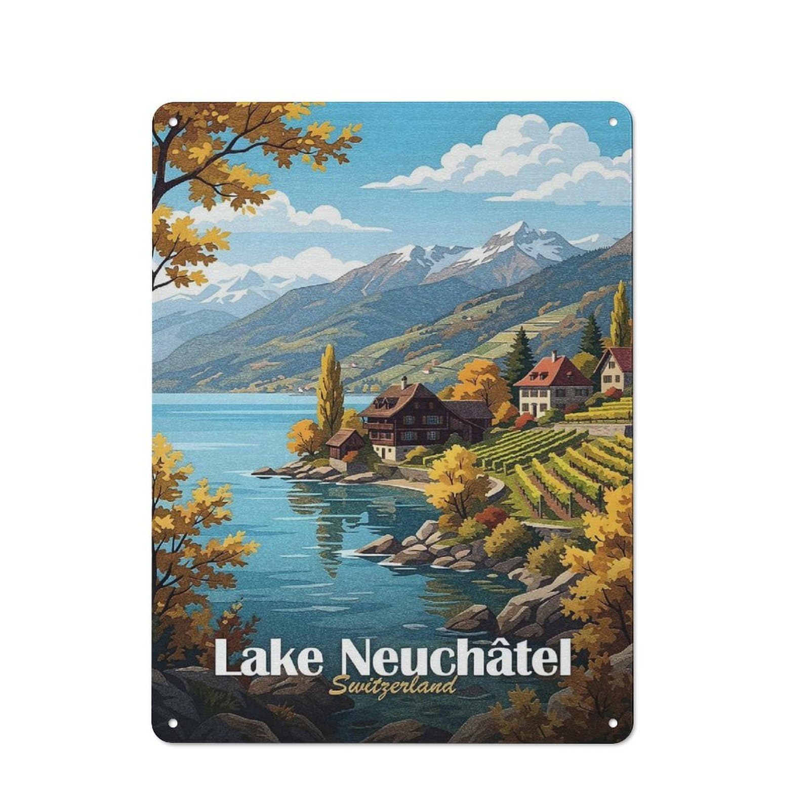 Junmoney Style-6 Lake Neuchâtel, Switzerland Travel Tin Sign 40X30cm, Creative Studio Wall Plaque For Hobby Room, Office, Lounge Or Living Room