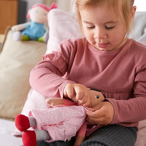 Miniatura 6 de HABA Snug Up Doll Rumbi - Muñeca suave de 10 pulgadas con pelo negro y overol rosa, lavable a máquina durante 18 meses en adelante