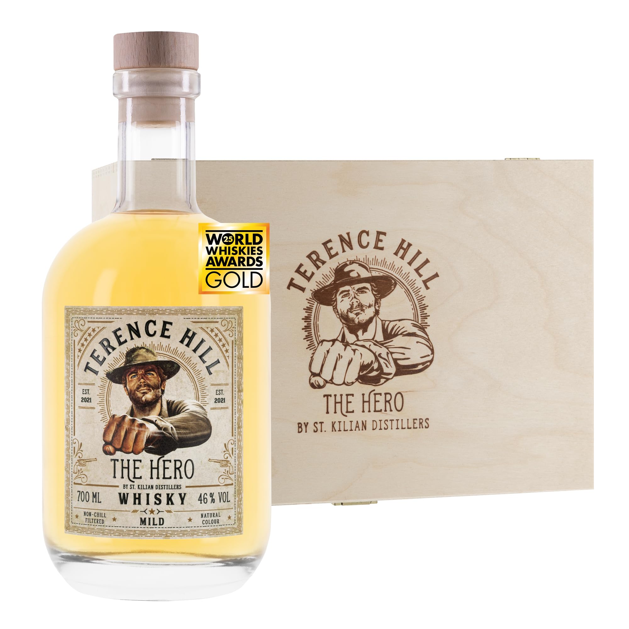Terence Hill Whisky Geschenk Box - The HERO - [MILD 46% Vol, 0,7l] Deutscher Premium Whiskey aus ausgewählten Fässern - Bud Spencer und Terence Hill Fanartikel - Whisky Geschenke für Männer
