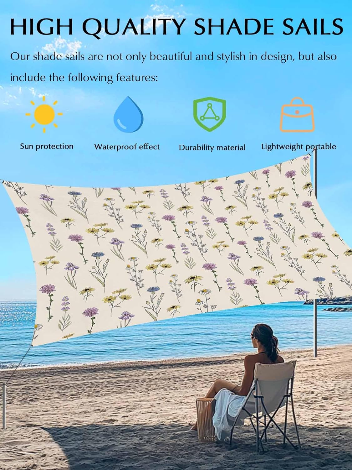 Watercolor Plant Sun Shade Sail 6.5' x 10', Sunflower Plants Flower Printing Rectangle Outdoor Sun Shade Canopy, Waterproof UV Block Patio Covers for Garden Backyard Beach Pergola Deck