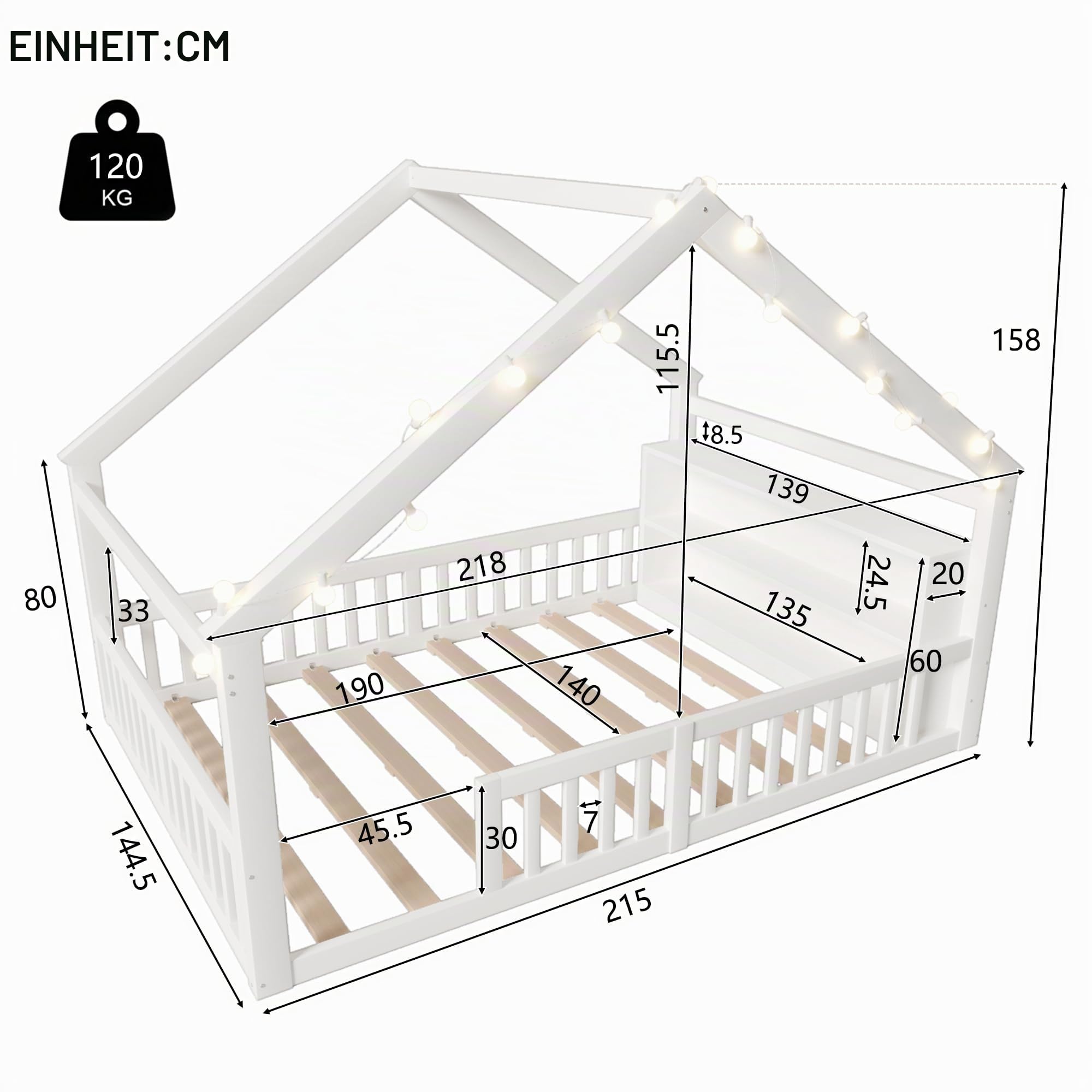 Kebnor Flachbett, Kinderbett mit Gitter, Hausleiste, Kiefernholz,ohne Matratze, Minimalistischer Stil, Weiß (140x190cm)