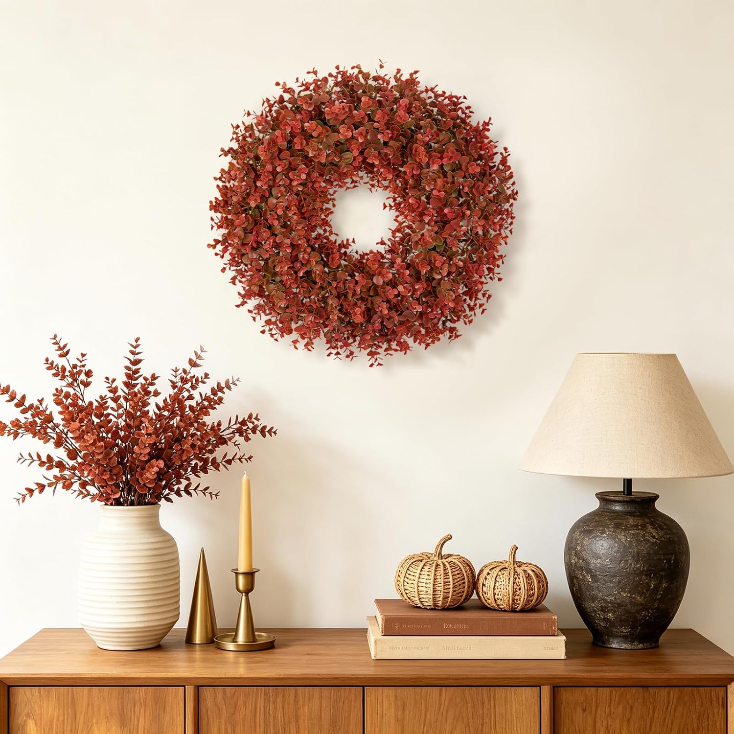 Hollyone 20inch Fall Wreath for Front Porch Door Artificial Boxwood Leaves Fall Decor Autumn Wreath Outdoor Indoor Farmhouse Wall Thanksgiving Day Harvest Decorations Festival Home Decor - Orange