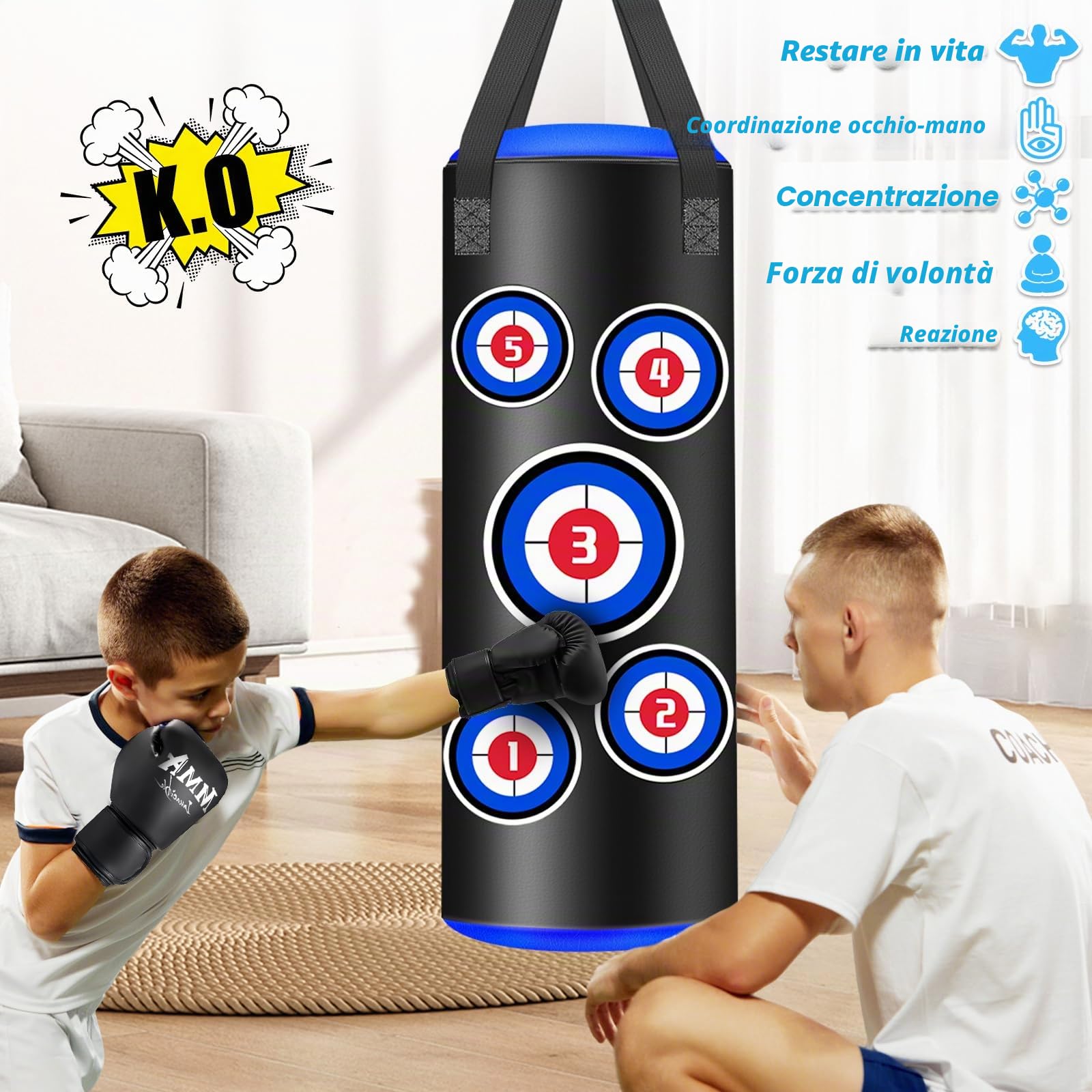 Sacco da boxe riempito bambini, set di sacchi da boxe da 2 piedi con guantoni, catene e ganci di fissaggio, sacco pesante in microfibra per l'allenamento di kickboxing, fitness e bambini