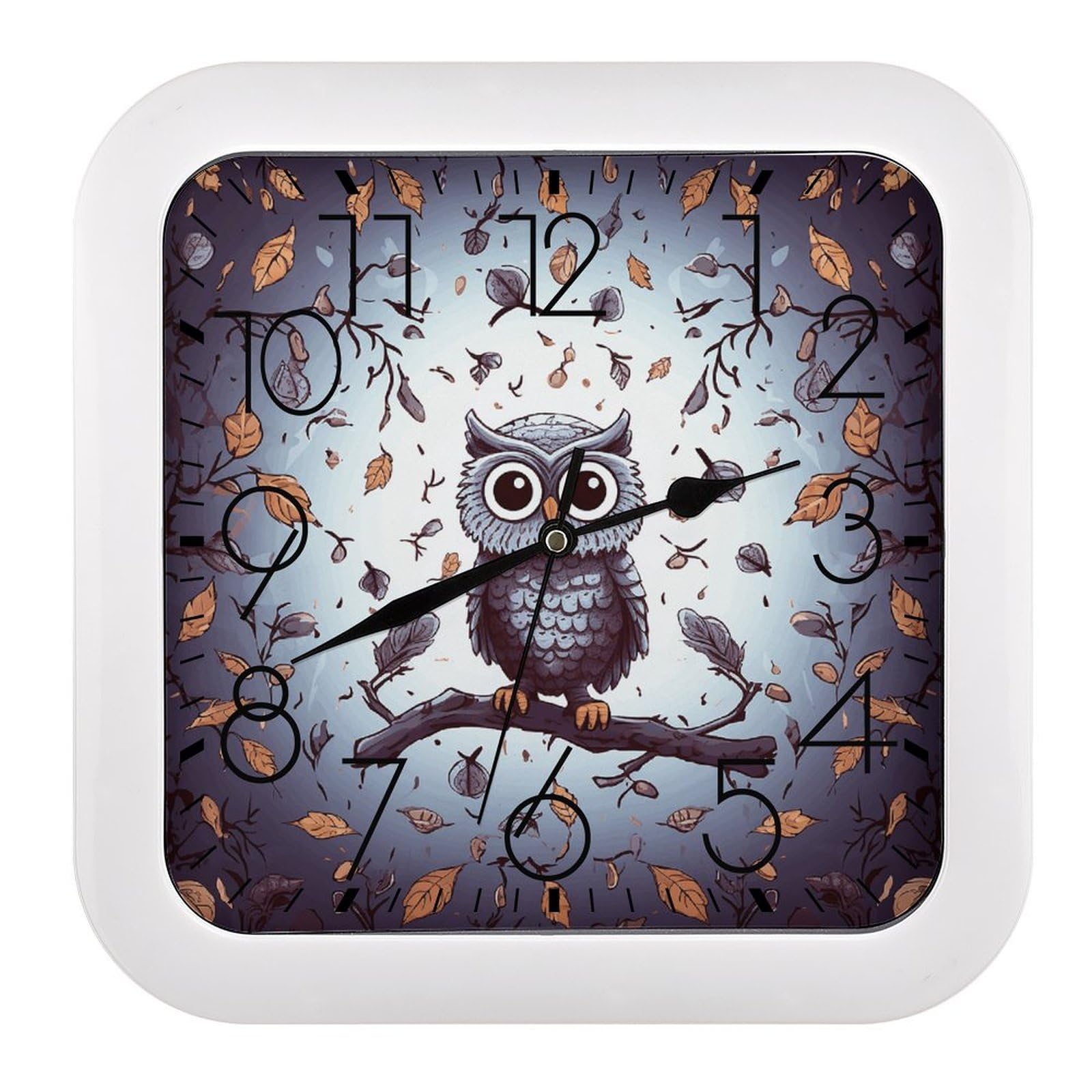 MUSM 10.2 X 10.2 Inch Modern Owl Tree Branches Wall Clock Battery Operated High Accuracy Decorative Square Clocks for Kitchen Bedroom Living Room Home Office Porch