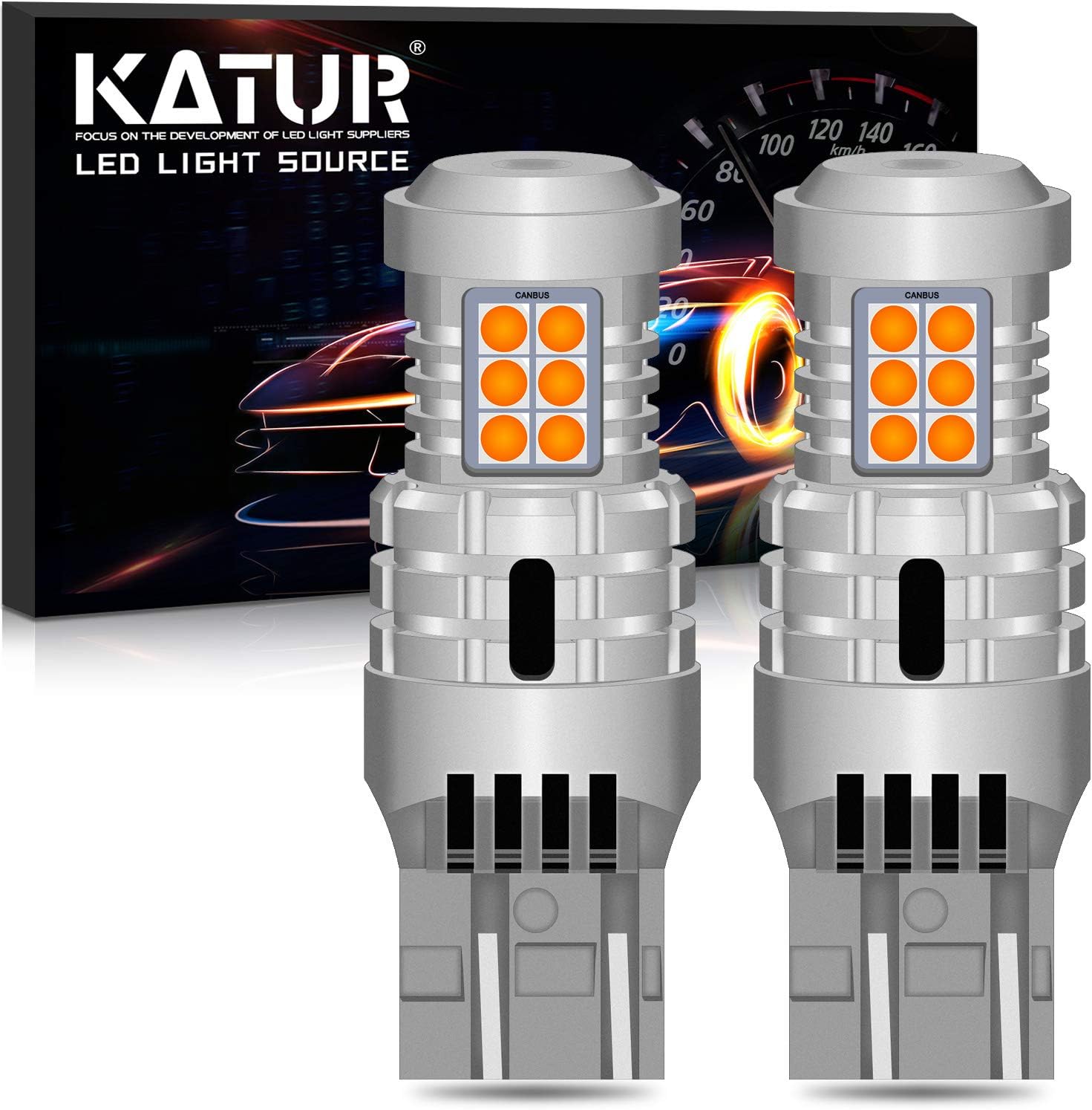 KATUR 7443 T20 992 W21/5W LED Bulbs Super Bright 12pcs 3030 & 8pcs 3020 Chips Canbus Error Free Replace for Turn Signal Reverse Brake Tail Stop Parking RV Lights,Amber Yellow(Pack of 2)