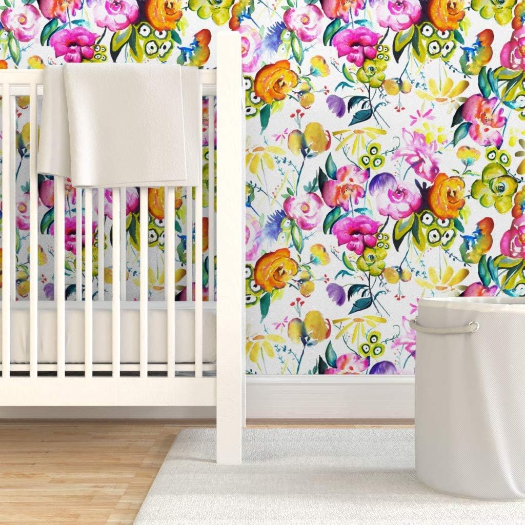 Spoonflower Peel & Stick Wallpaper 12ft x 2ft - Garden Watercolor Floral Large Print Summer Big Bright Flowers Painted Custom Removable Wallpaper