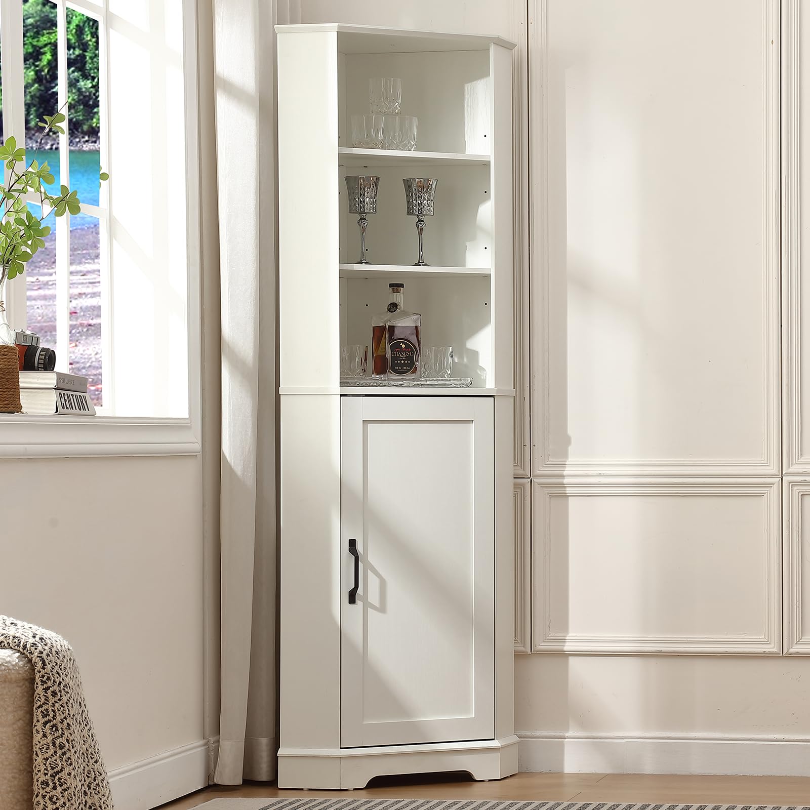 FOREST GRAVITY Hoher Badezimmer-Eckschrank Schlanker Wohnzimmer-Esszimmer-Aufbewahrungsschrank Corner Cabinet Möbel Schmaler Schrank mit Schublade Verstellbare Einlegeböden 42,4*13,8*166,7 cm Weiß Küche, Haushalt & Wohnen