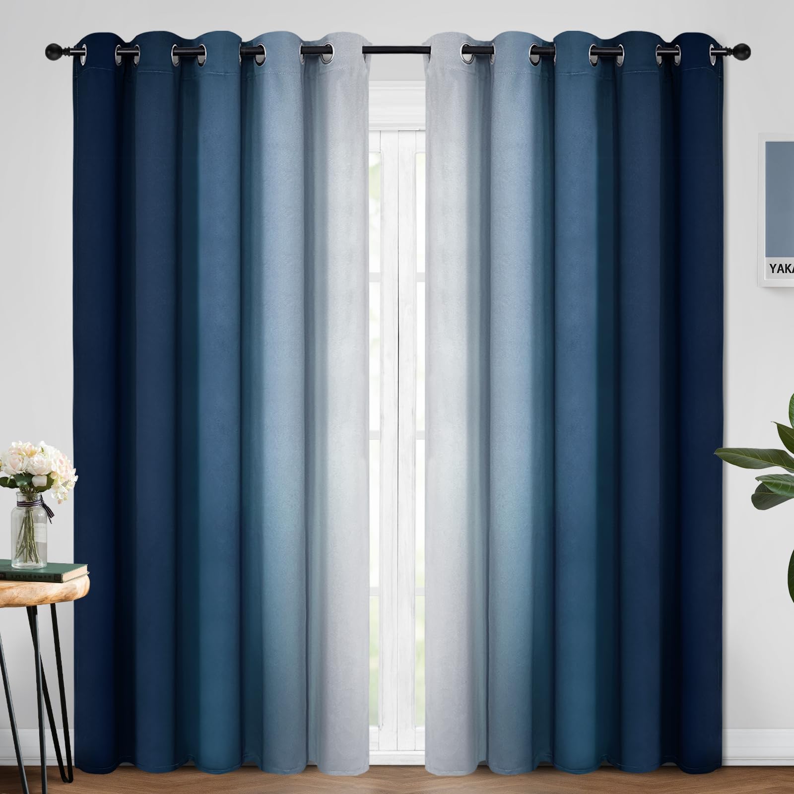 Yakamok Blue and Grey White Ombre Curtains, Room Darkening Gradient Curtains for Bedroom, Light Blocking Thermal Insulated Window Curtains for Living Room (2 Panels, 178 x 213 cm)