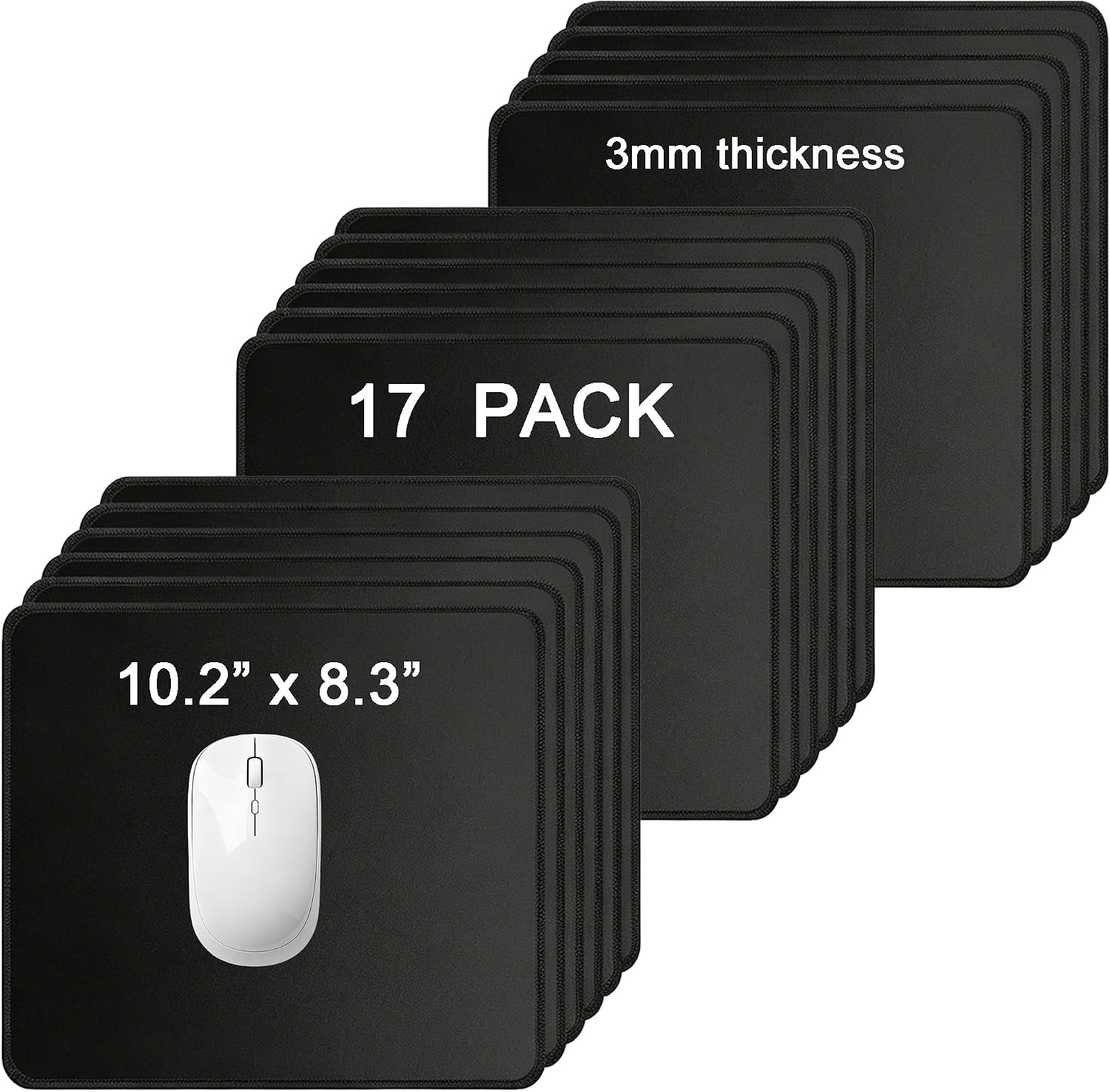 17 Pack Bulk Mouse Pads, Black Mouse Pad with Stitched Edges, Non-Slip Rubber Base, 10.2" x 8.3" 3mm Thickness, Washable for Office, Classroom & Home