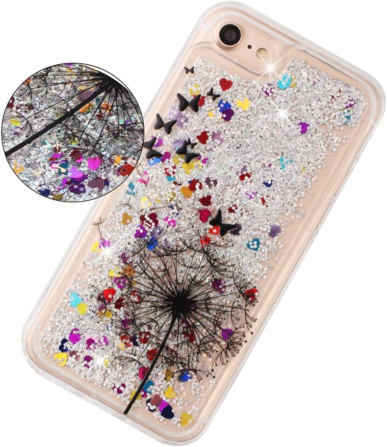 HMTECHUS iPhone 8 Case for Girl Glitter Liquid Sparkle Floating Shiny Quicksand Clear Soft TPU Silicone Shockproof Protective Bumper Thin Cover for iPhone 7/8 4.7 inch Bling Dandelion XY