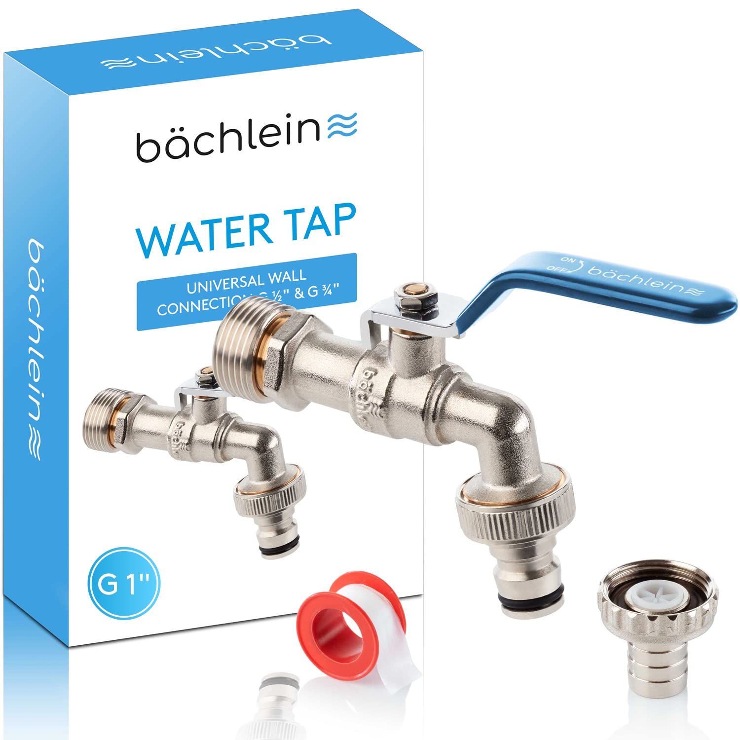 Bächlein Universal Outlet Tap with Reduction Adapter for 1" Wall Connection - Outlet Tap with 1/2 and 3/4 Inch Connection