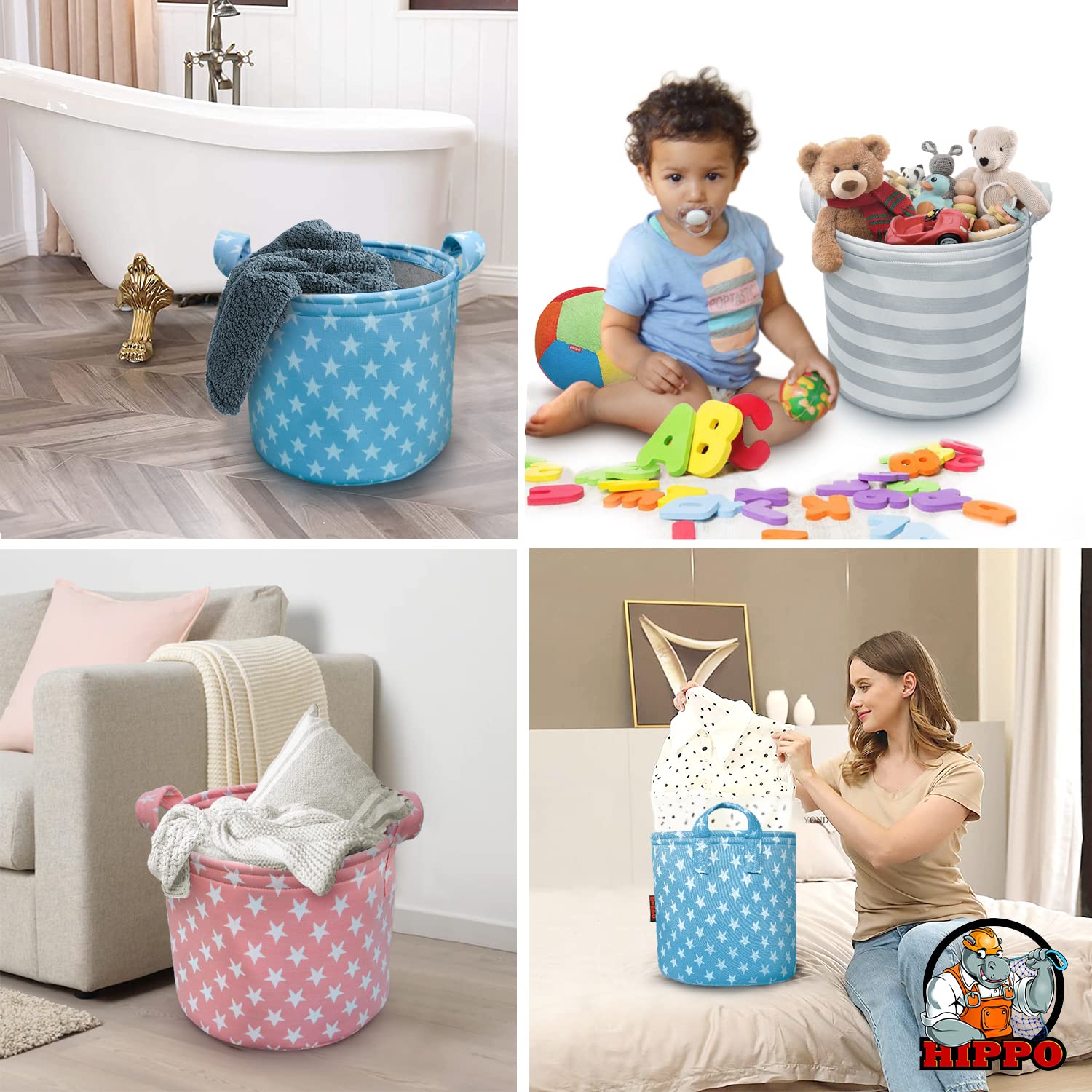 HIPPO Designer Non-woven Polyester Cute Baby Toy Bin for Smart Mothers Unbreakable Toy Storage Basket For Babies Laundry Basket Cloth Storage Bin (Blue-Star, Pack of 1) 4
