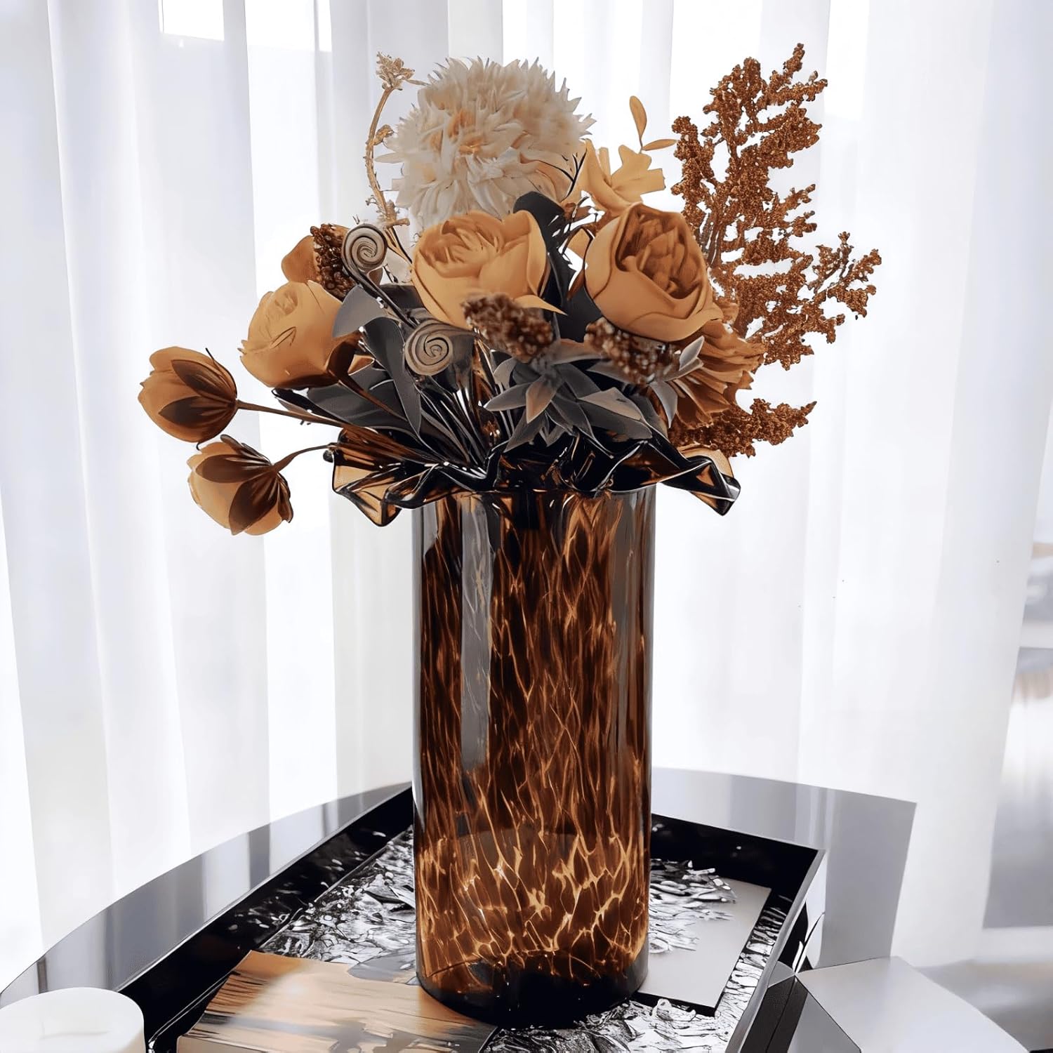 Large Leopard Amber Glass Vase, Luxe 11.8” Brown Decorative Centerpiece, Translucent Vintage Tortoise Shell Vase for Pampas Grass, Boho Modern Farmhouse Home Decor