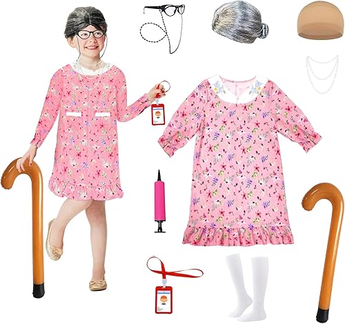 MEPUSON Disfraz de anciana para niños, disfraz de 100 días de escuela, disfraz de Halloween, abuela, peluca de abuelita, accesorios de cosplay