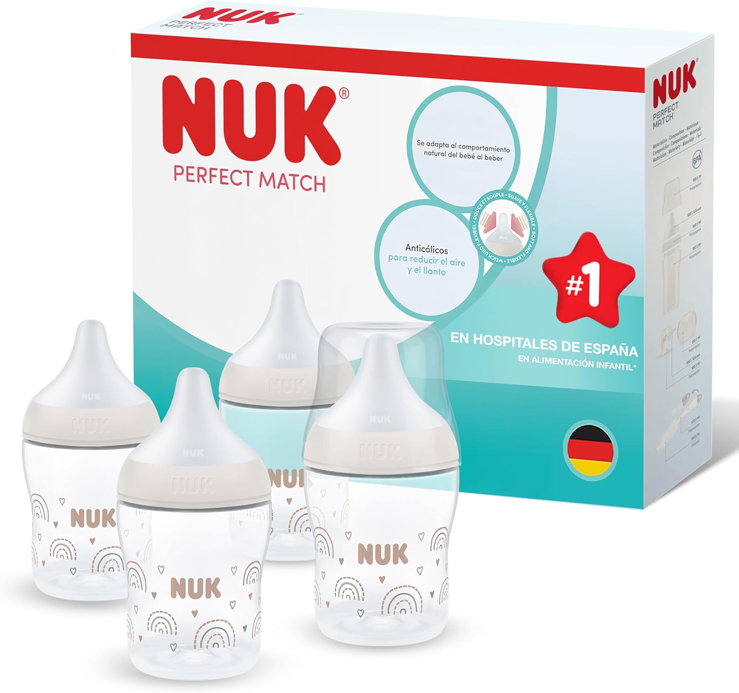 NUK Perfect Match Biberón | 0+ meses | 150 ml | Biberón anticólicos recién nacido | PP | Indicador de control de temperatura | Arcoíris | 4 unidades