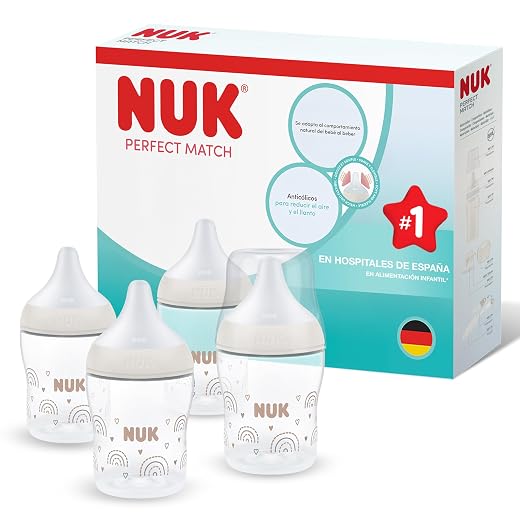 NUK Perfect Match Baby Bottle | 0+ Months | 150ml | Anti-Colic Newborn Baby Bottle | PP | Temperature Control Indicator | Rainbow | 4 Pack