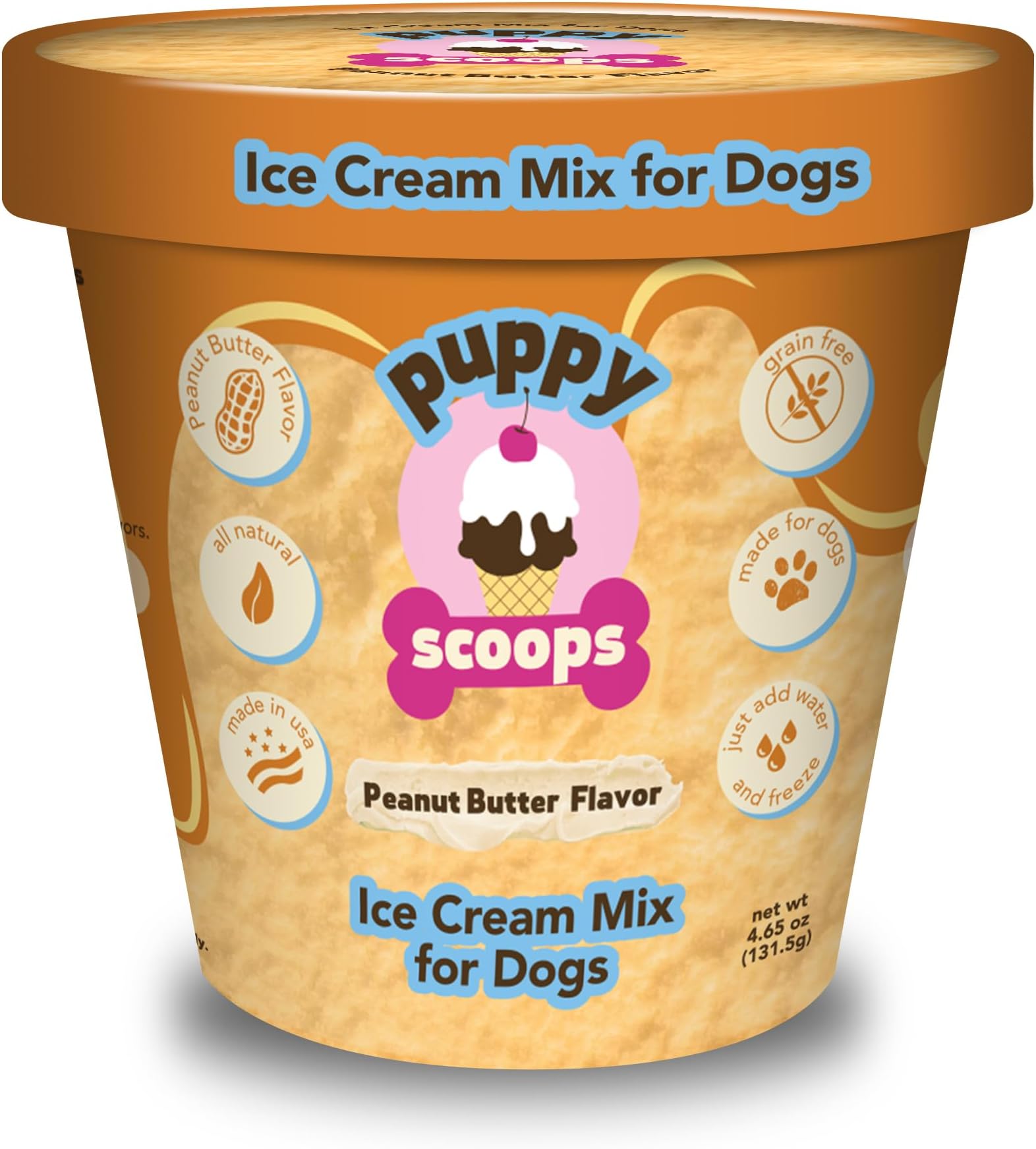 Puppy Scoops Dog Ice Cream Mix (Peanut Butter Flavor), 4.65 oz - Just Add Water and Freeze at Home, Powder Mix with Ice Cream Cup and Reusable Lid - Made in USA