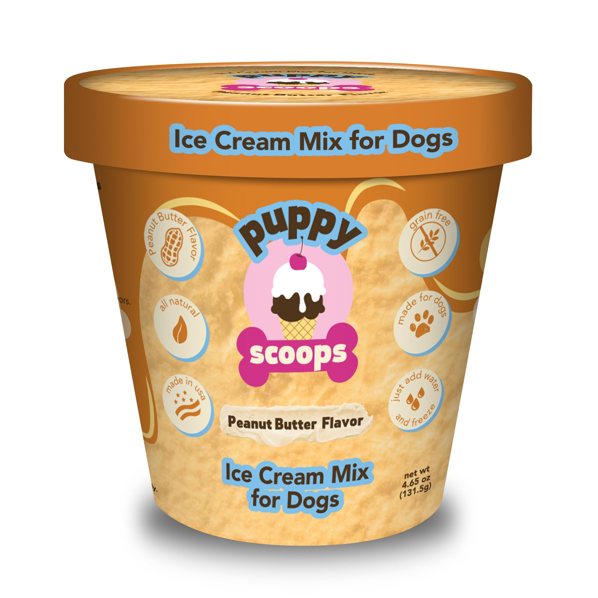 Puppy Scoops Dog Ice Cream Mix (Peanut Butter Flavor), 4.65 oz - Just Add Water and Freeze at Home, Powder Mix with Ice Cream Cup and Reusable Lid - Made in USA