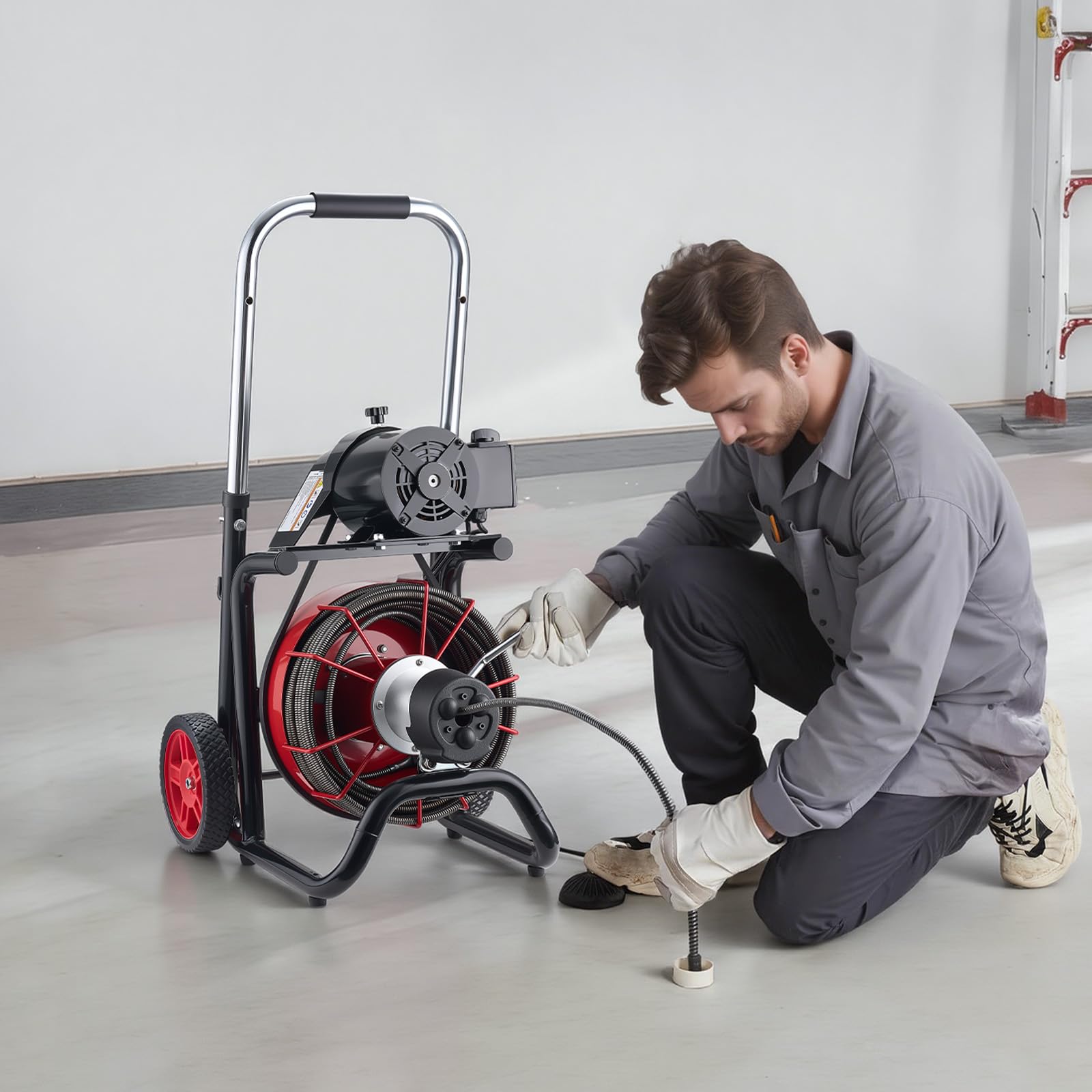 VEVOR Desatascador de Desagües Eléctrico 30m x 13mm Máquina de Limpieza de Tuberías con Alimentación Automática Interruptor de Pedal Neumático Limpiador de Tubos de Drenaje para Tuberías de 5-10 cm