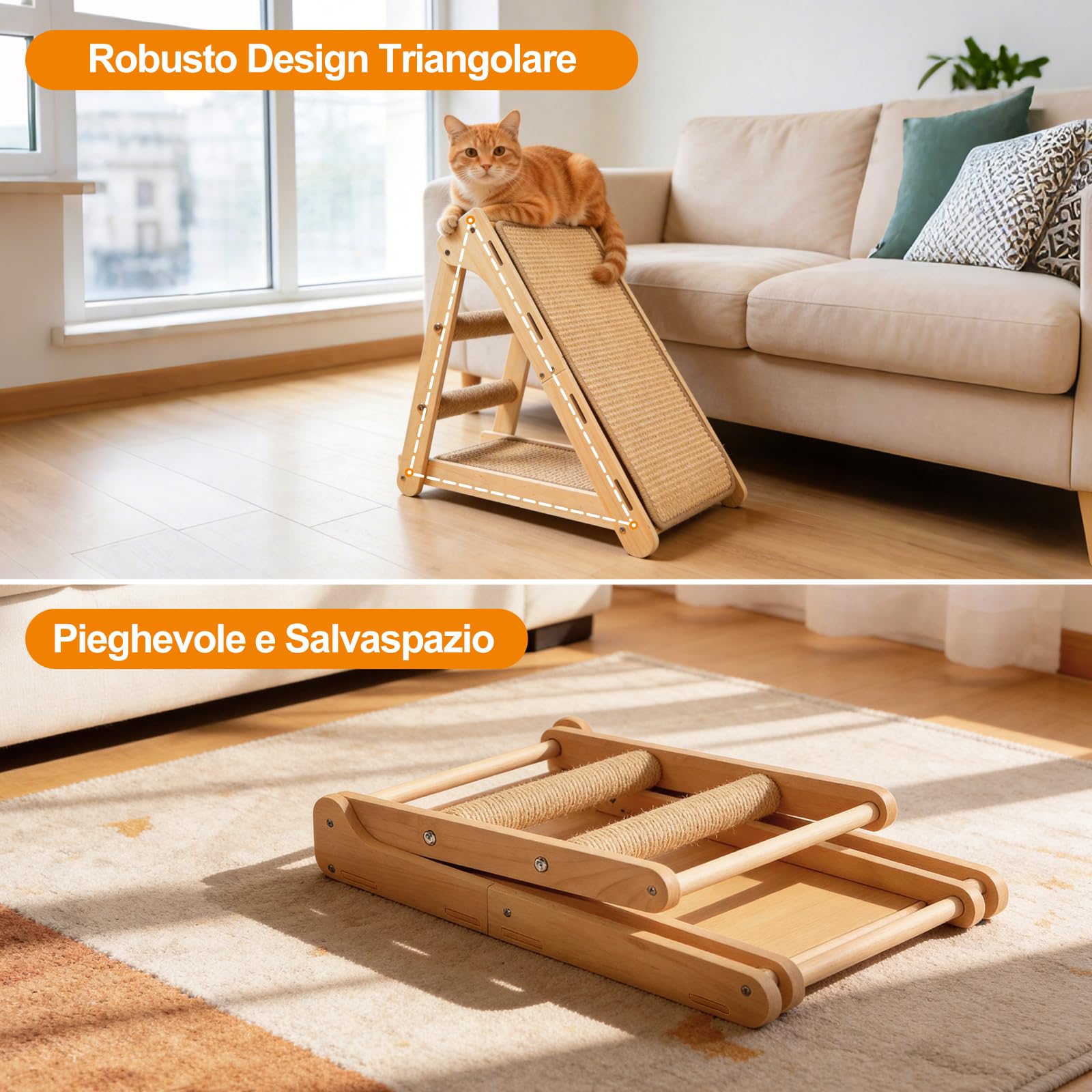DONWEI Tiragraffi Gatti Triangolare Sisal 50X28X50Cm Faggio Salvaspazio | Pannello Pieghevole Con Tappetino Sostituibile, Protegge Divani E Adatto A Tutte Le Razze Di Gatti