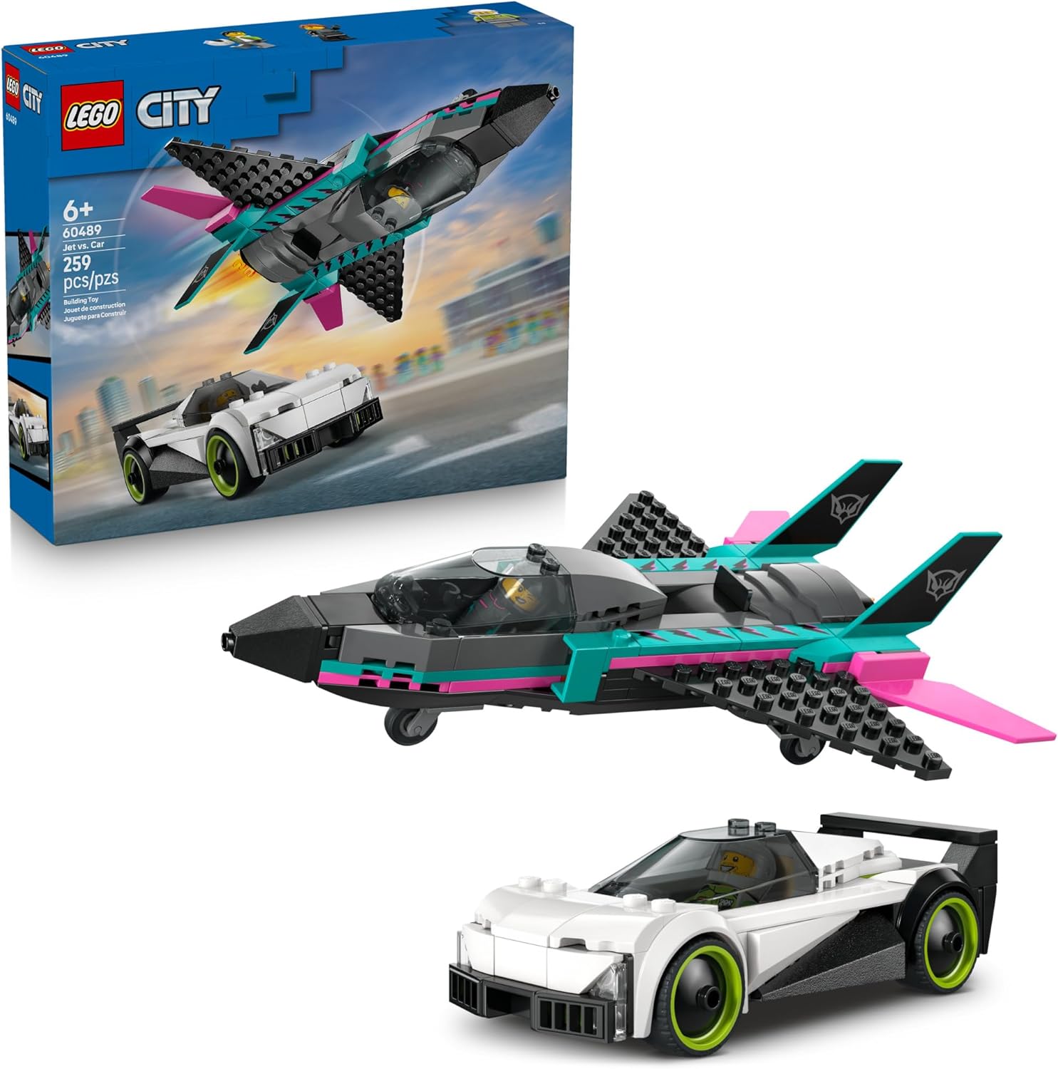 LEGO City Jet vs. Car Building Toys for Kids - Vehicle Sets for Boys & Girls, Ages 6+ - Gift for Birthdays - Toy Car & Jet W/Driver & Pilot Minifigures - 60489