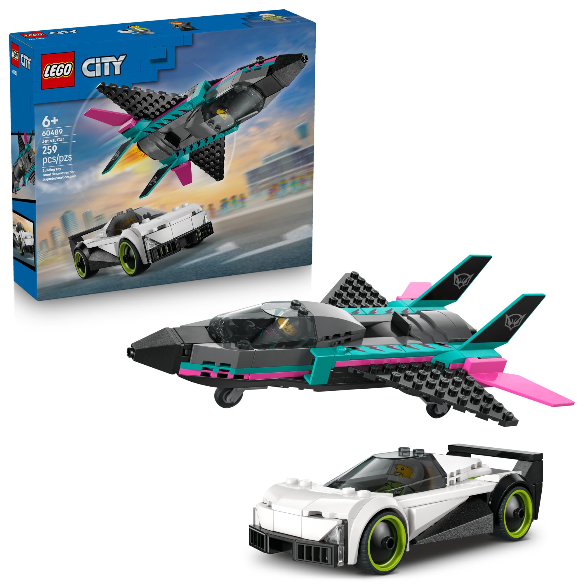 LEGO City Jet vs. Car Building Toys for Kids - Vehicle Sets for Boys & Girls, Ages 6+ - Gift for Birthdays - Toy Car & Jet W/Driver & Pilot Minifigures - 60489