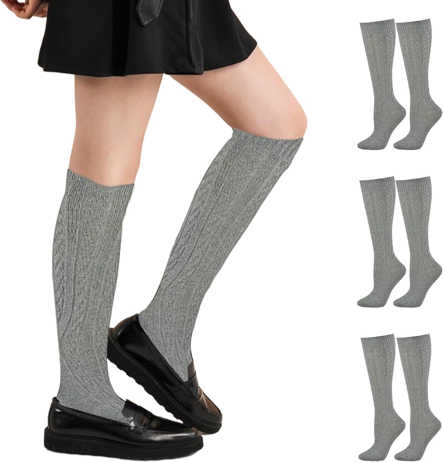 Classic Girls Cable Knit Knee socks, Combed Cotton Knee High Uniform Socks Soft 3 Pair Pack, Cozy Girls School Uniform Socks