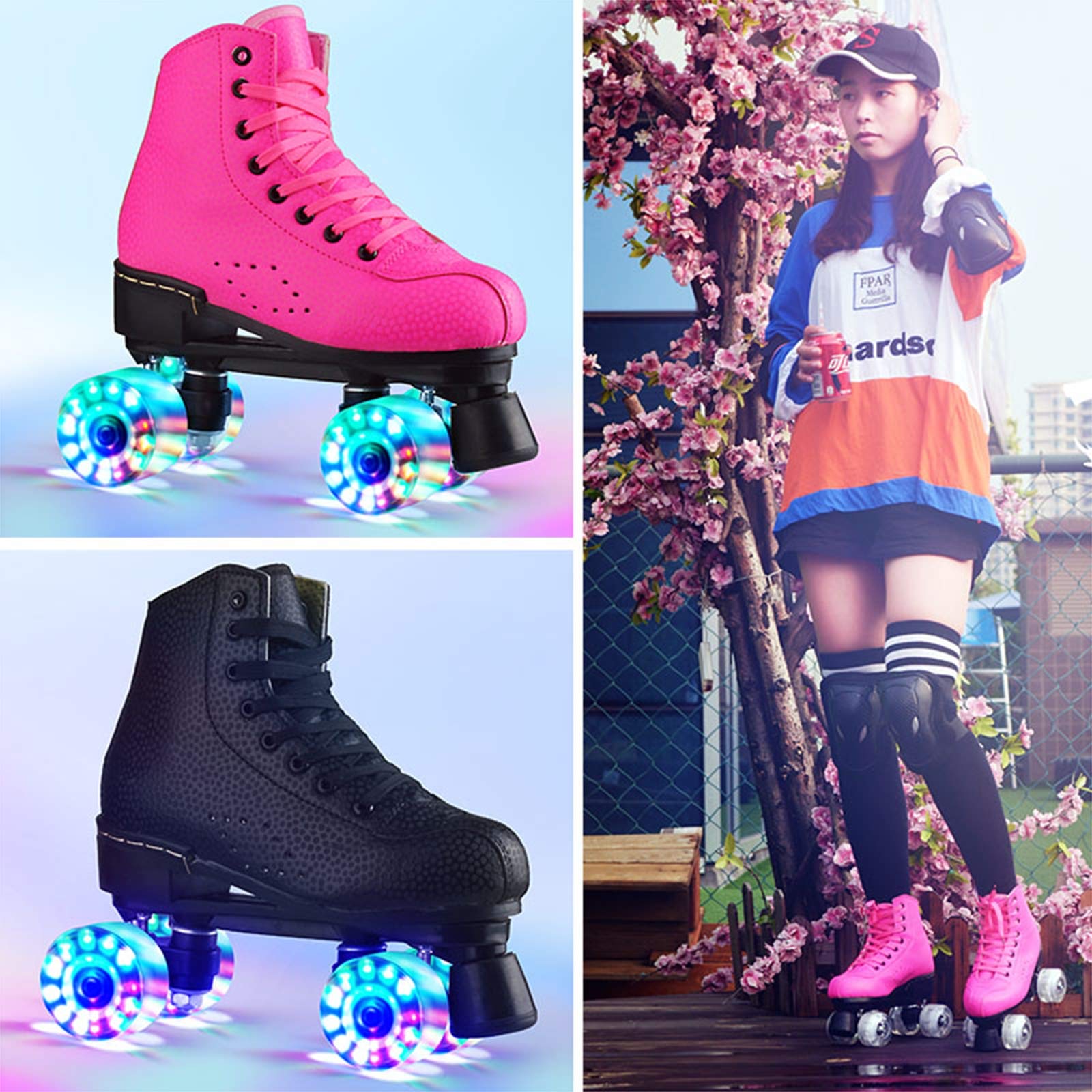 MIAOXIAO Pattini A Rotelle Quad con Ruote Flash Pattini da Esterno Antiurto per Adolescenti Scarponi da Skateboard Premium Artistici per Adulti per Gare di Allenamento di Danza,A,CN 43