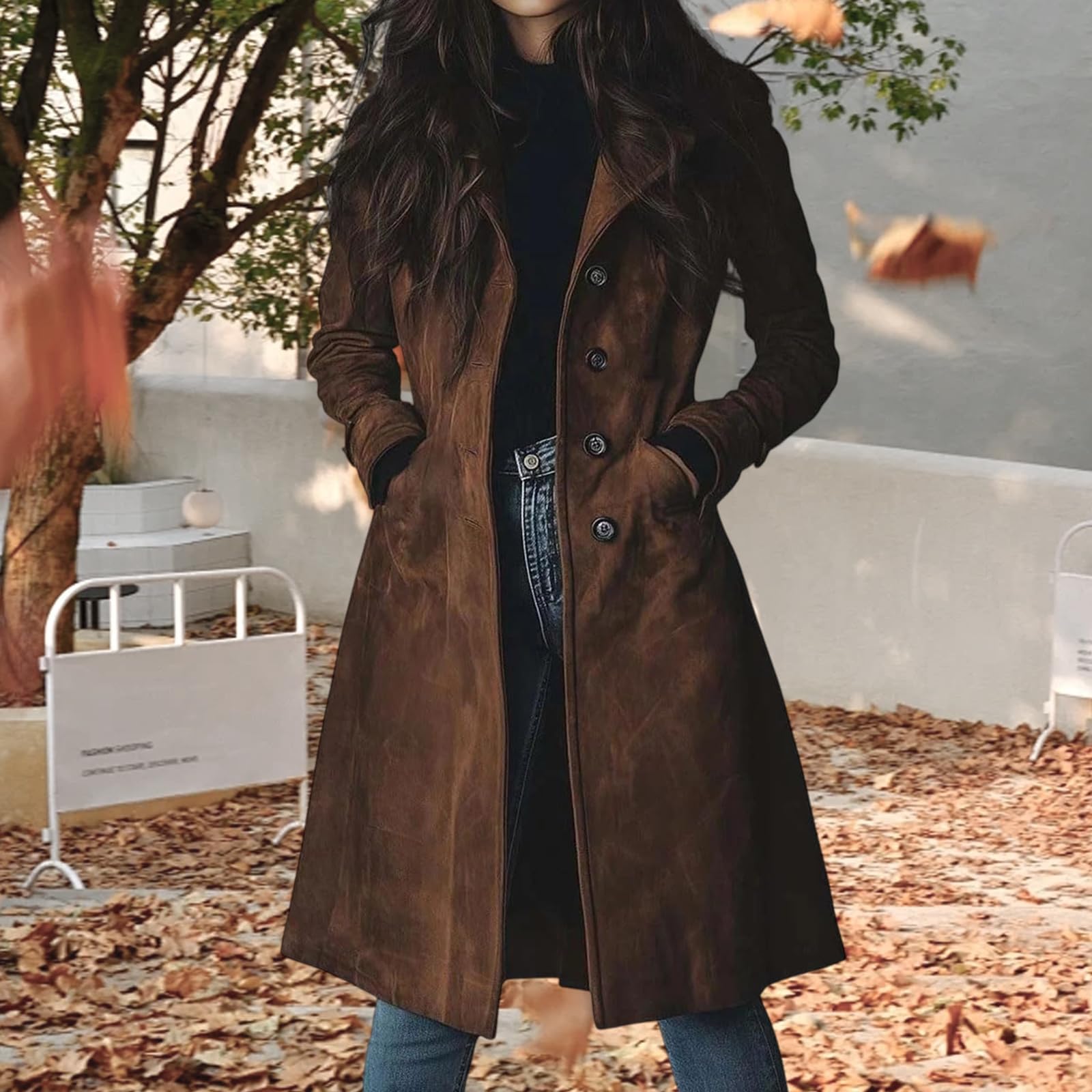 Damen Trenchcoat aus Wildlederimitat, einreihig, lang, Revers, schmale Passform, geeignet für Arbeit und Büro im Herbst und Winter