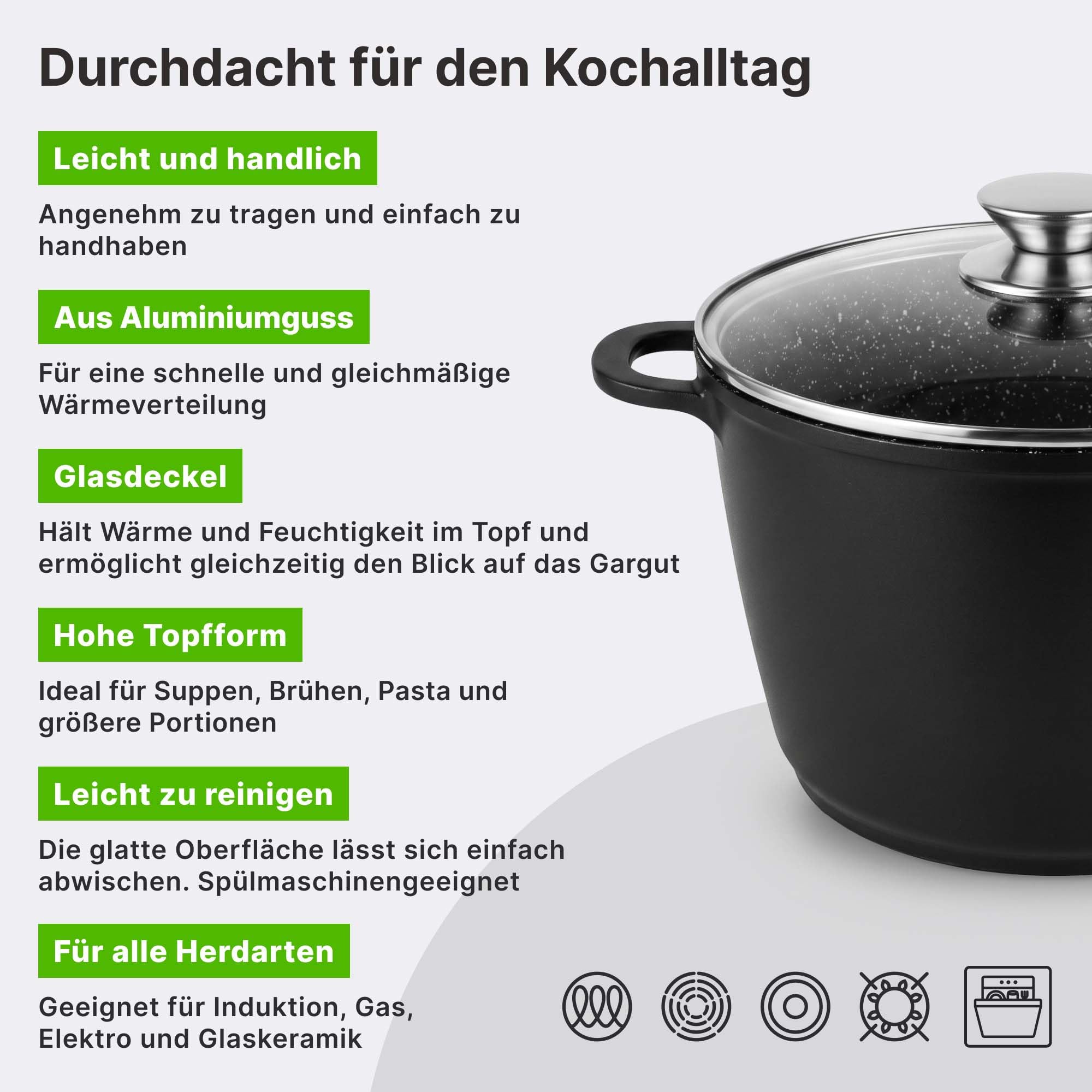 Kochtopf 10 L Suppentopf 28 cm Aluminiumguss Fleischtopf Antihaft Milchtopf Pastatopf Gemüsetopf Schmortopf Induktionstopf mit Glasdeckel Bratentopf für alle Herdarten auch Induktion