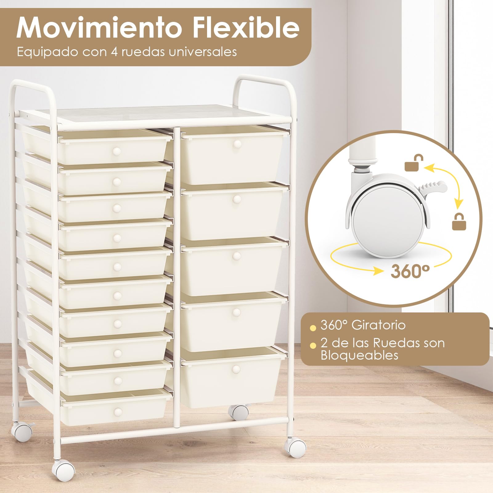 GOPLUS Carrito Auxiliar con 15 Cajones y Ruedas Giratorias Bloqueables, Carro de Almacenaje con Estructura de Acero, Carrito de Utilidad para Oficina Casa, 62.5 x 37 x 87 CM (Blanco)