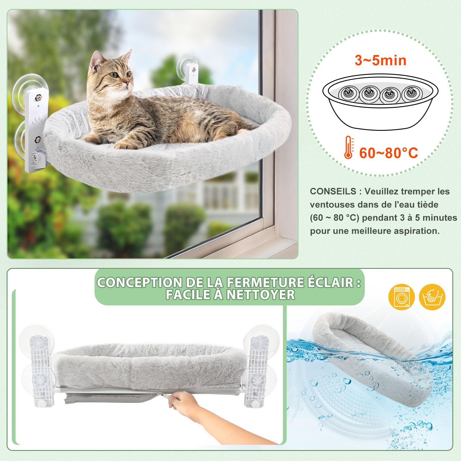GUUSII HOME 2PCS Hamac Chat Fenetre Perchoir Lit Fenêtre Panier Suspendu Etagere pour Grande Chats Pliable Transat Facile à Monter avec Ventouse Puissante Tapis Réversible 53*30cm Jusqu'à 18kg(Gris)