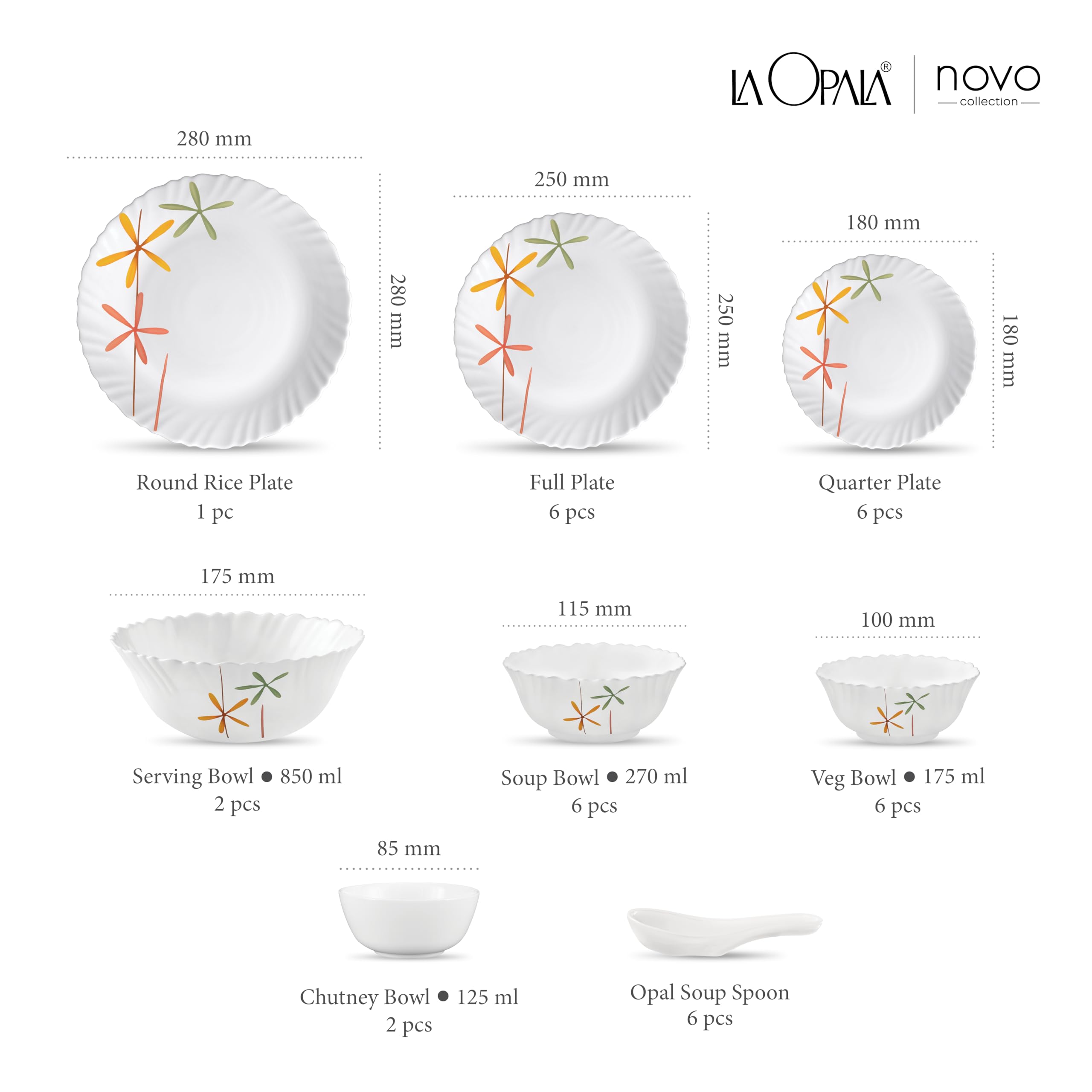 La Opala, Novo Collection, Opal Glass Dinner Set 35 pcs, Autumn Flower, White 2