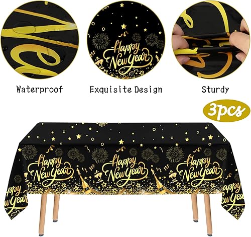 Miniatura 3 de HOWAF Paquete de 3 manteles de decoración de fiesta de Año Nuevo, mantel de feliz año nuevo negro y dorado para suministros de fiesta de Año Nuevo,