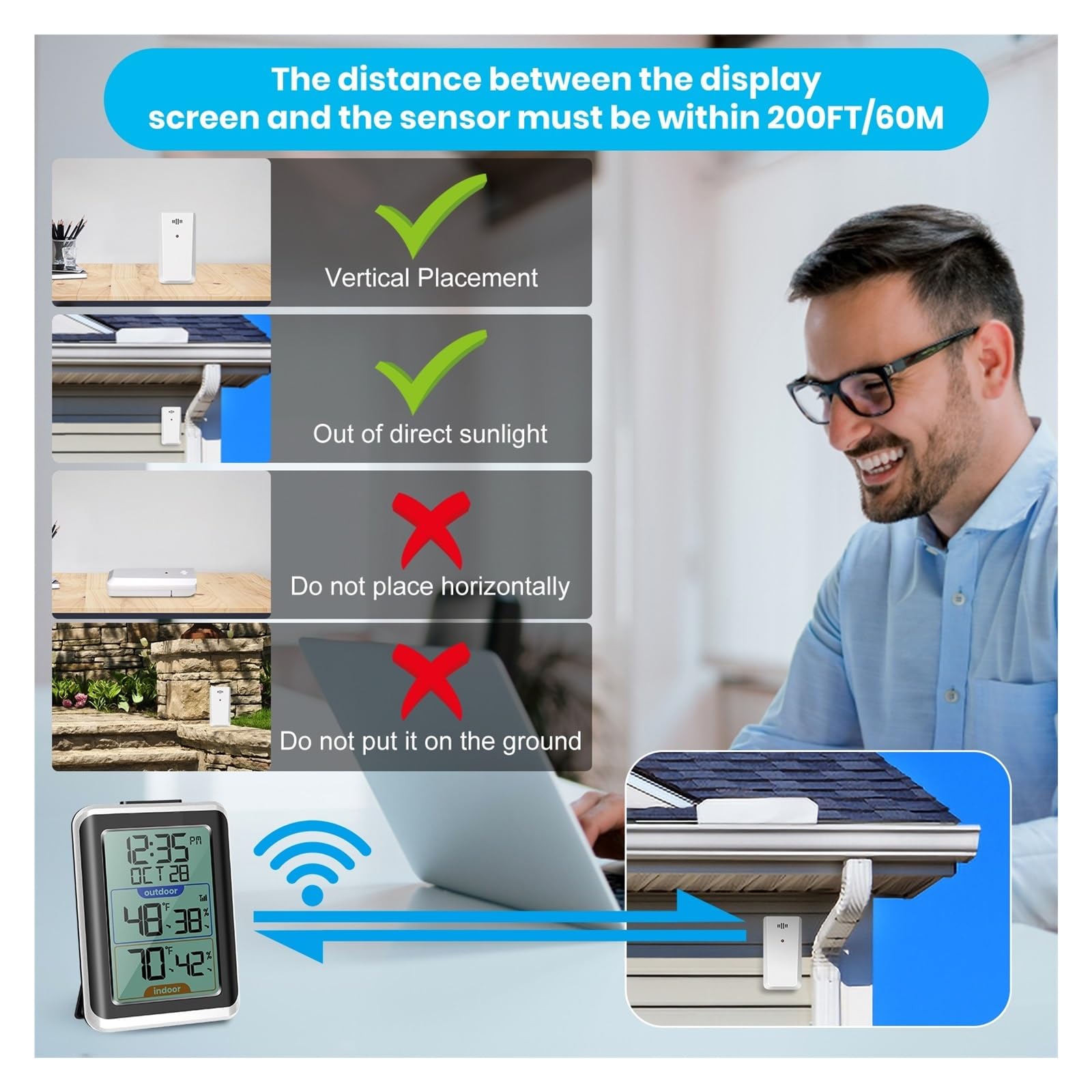 Termómetro For Interiores Y Exteriores, Higrómetro Digital Inalámbrico, Medidor De Temperatura Con Tiempo, Rango 200 Pies/60 M, Humedad Preciso Rápido Monitorización Tiempo Real(8688-3)
