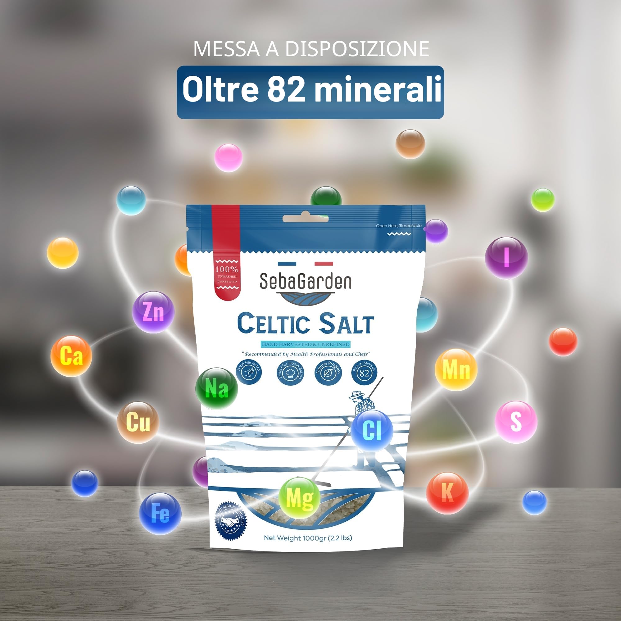 Seba Garden Celtic Sea Salt Grey, Confezione richiudibile di sale marino grigio biologico certificato da 1 kg, raccolto a mano, contenente oltre 82 minerali essenziali