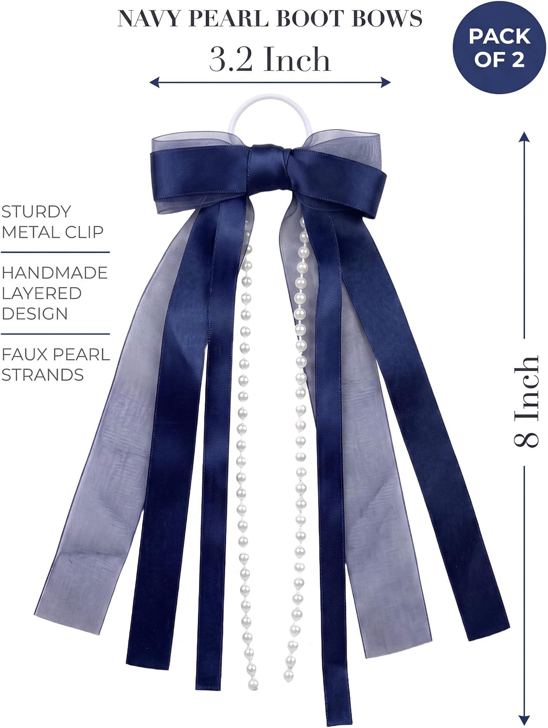 Navy Blue Boot Bows for Cowgirl Boots, Pearl Satin Ribbon, 2 Pcs