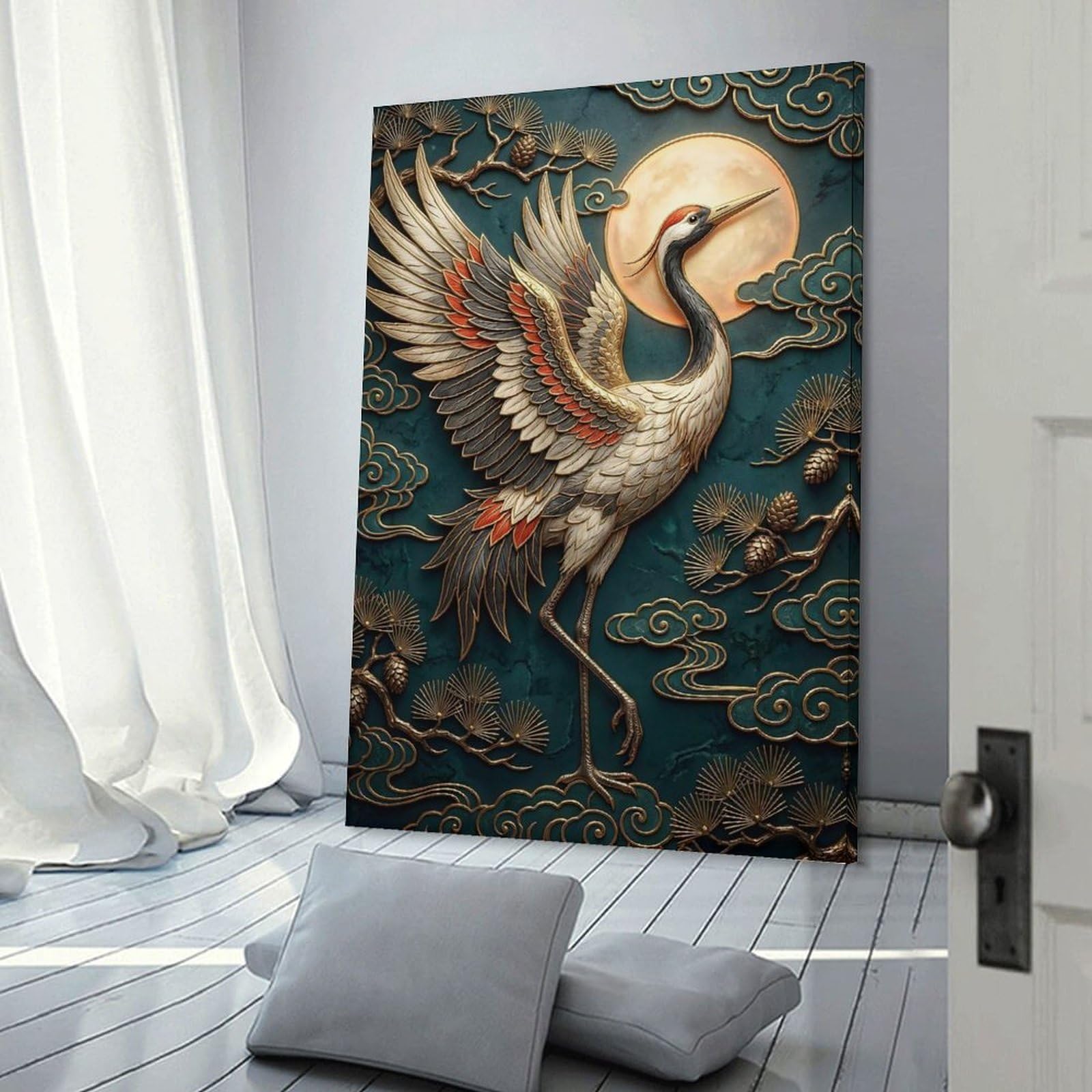 Junmoney Canvas Wall Decor Elegant Crane with Moon And Clouds, 24x36inch(60x90cm), for Restful Interiors, Bedrooms Or Small Rooms, Canvas Wall Decor for Personal Spaces
