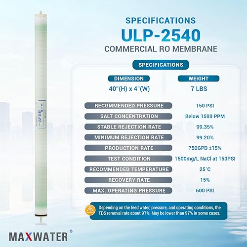 Miniatura 2 de Max Water Elemento de membrana ULP de ultra baja presión 2540-ULP-2540 750GPD bueno para industrial, agrícola, toda la casa y más (ULP 2540)