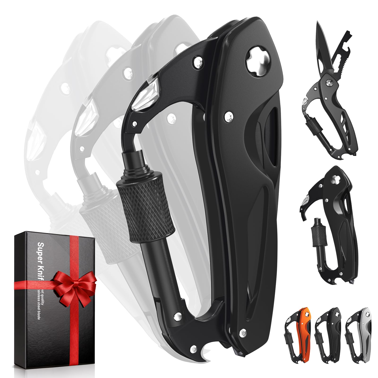 Carabiner Multitool 9-in-1 EDC Pocket Knife, Hexwrench, Saw, Screwdriver, Bottle Opener, Breaker, Survival Gear for Camping Climbing, Gifts for Men Women, Stocking Stuffers (Black)