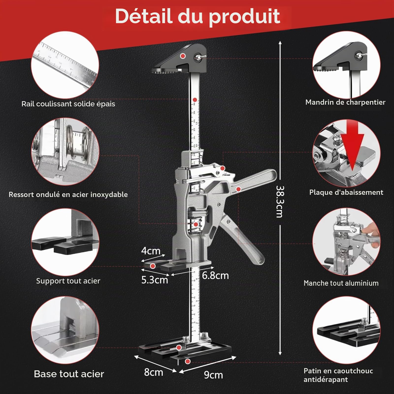 panthem Lot de 2 élévateurs économes de travail - Hauteur : 39 cm - Outil de levage avec échelle et descente lente - Outil de montage pour soulever et aligner avec précision les portes, carreaux