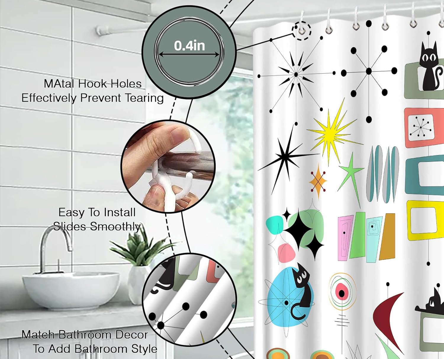 Mid Century Modern Shower Curtain Black Cat Retro Atomic Sputnik Boomerangs Abstract Geometric Iconic 50s 60s Vintage Aesthetics Art Polyester Fabric Bath Decor Curtain with Hooks