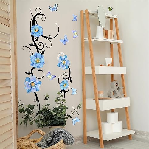 Calcomanías de pared de mariposa de vid de flores azules, calcomanías de pared de arte floral de sacinora removibles, mural de pared para sala de