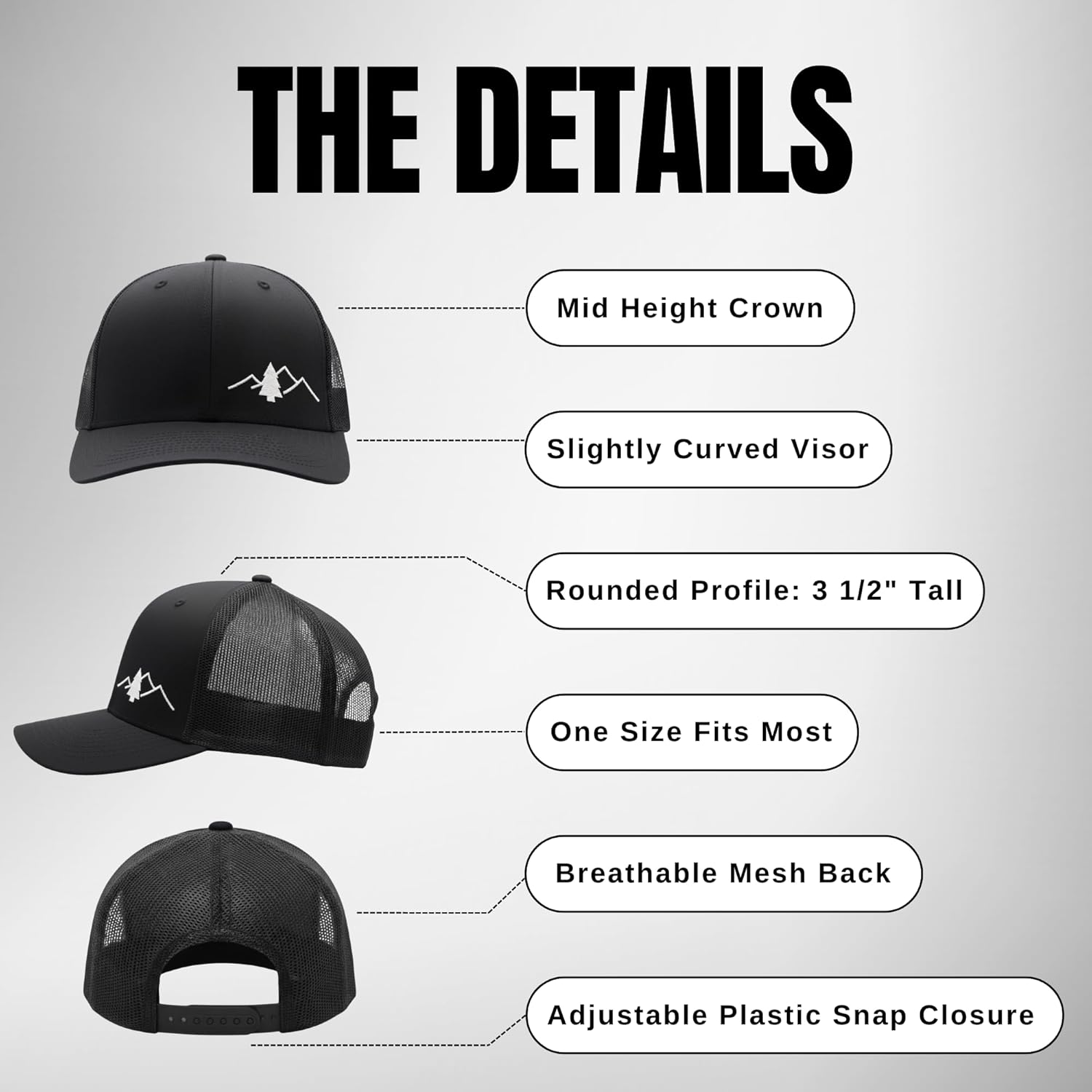 LINDO Trucker Hat [ Great Outdoors Design ] for Men and Women: Mid Profile Cap with Breathable Mesh Back and Adjustable Snap